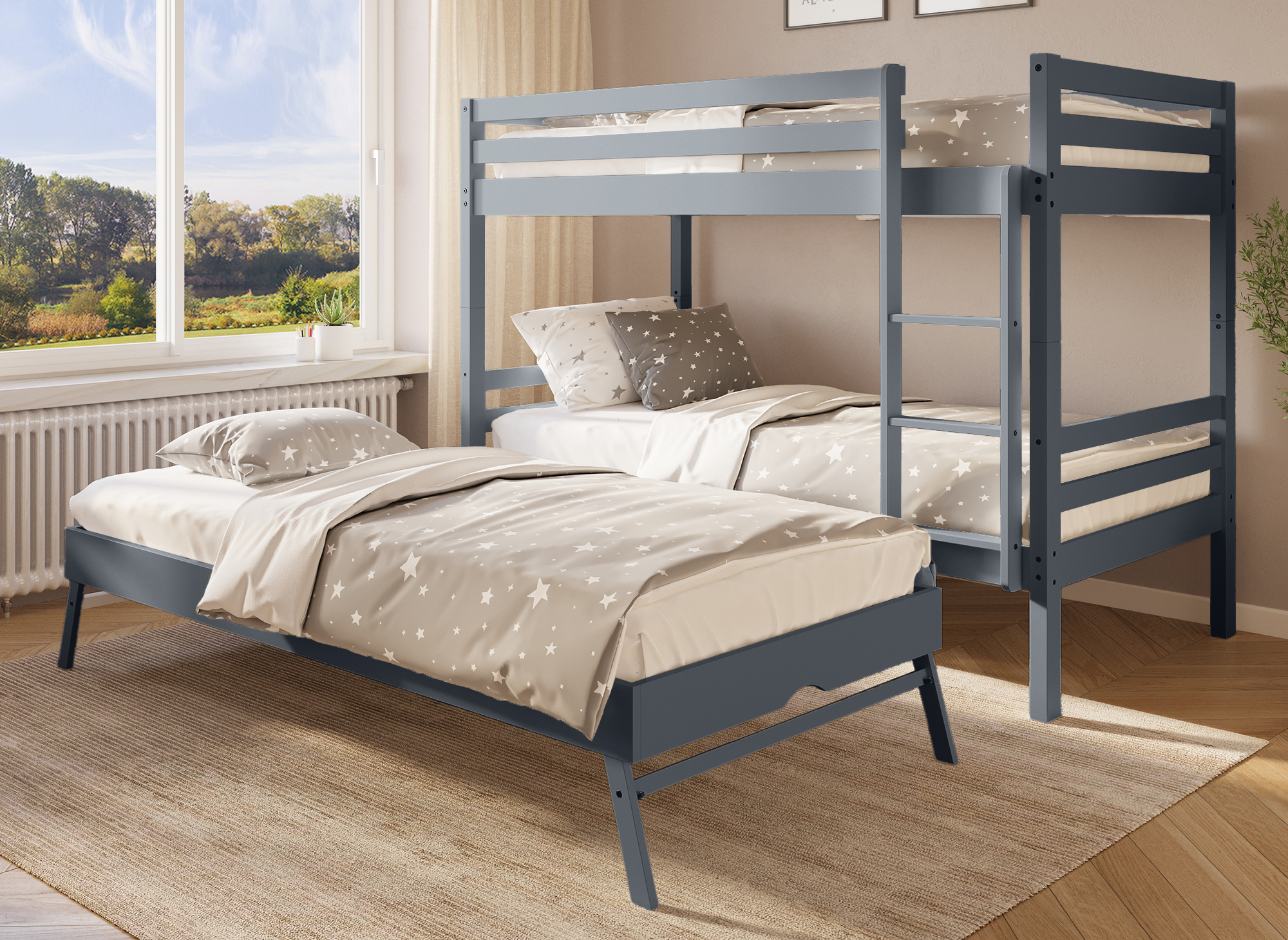 Lit superposé gigogne 3 couchages en bois gris LEOPAUL 90 x 190 cm