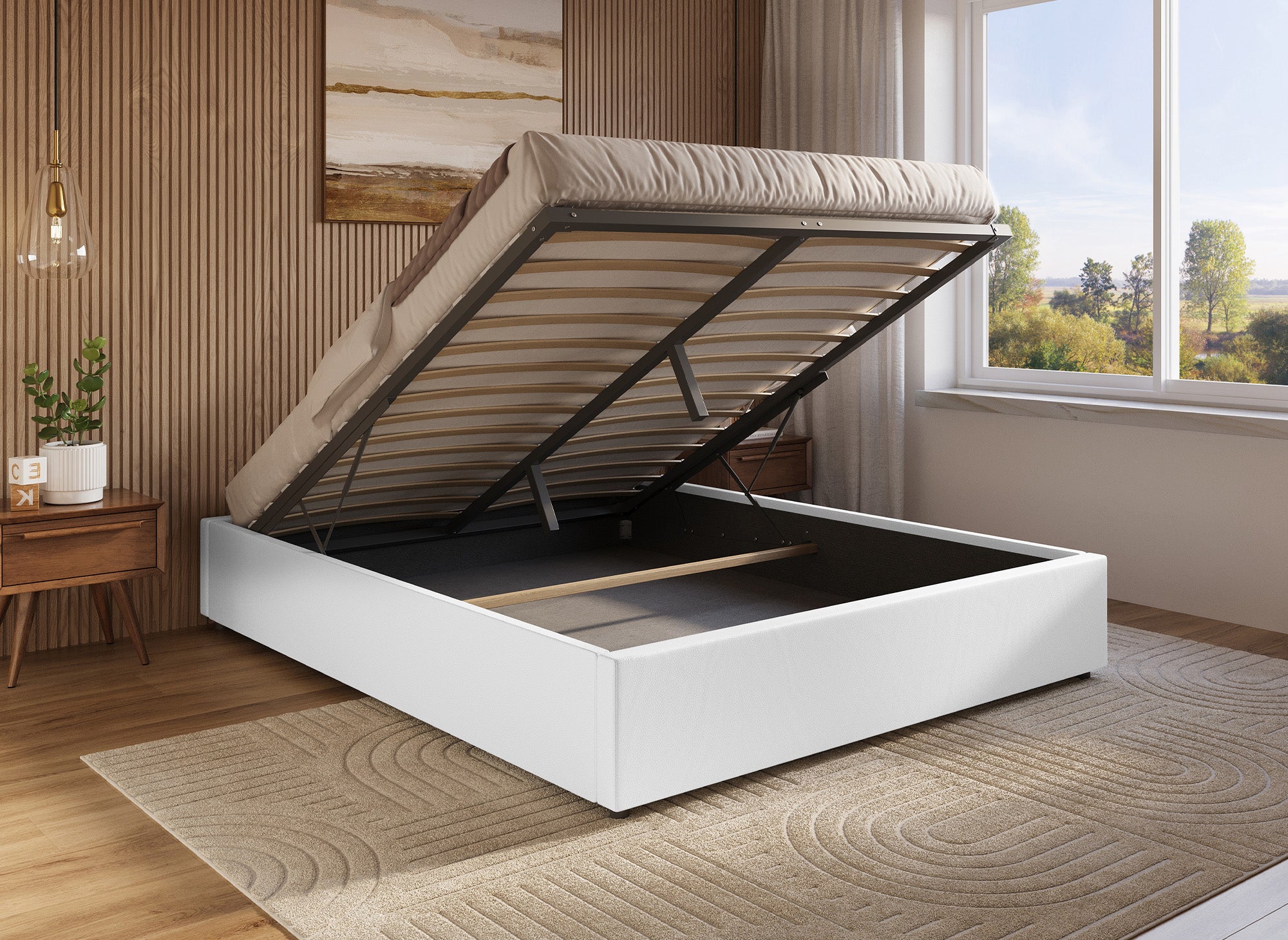 Lit sommier relevable avec coffre en simili cuir blanc 140x190 cm LIZBAN