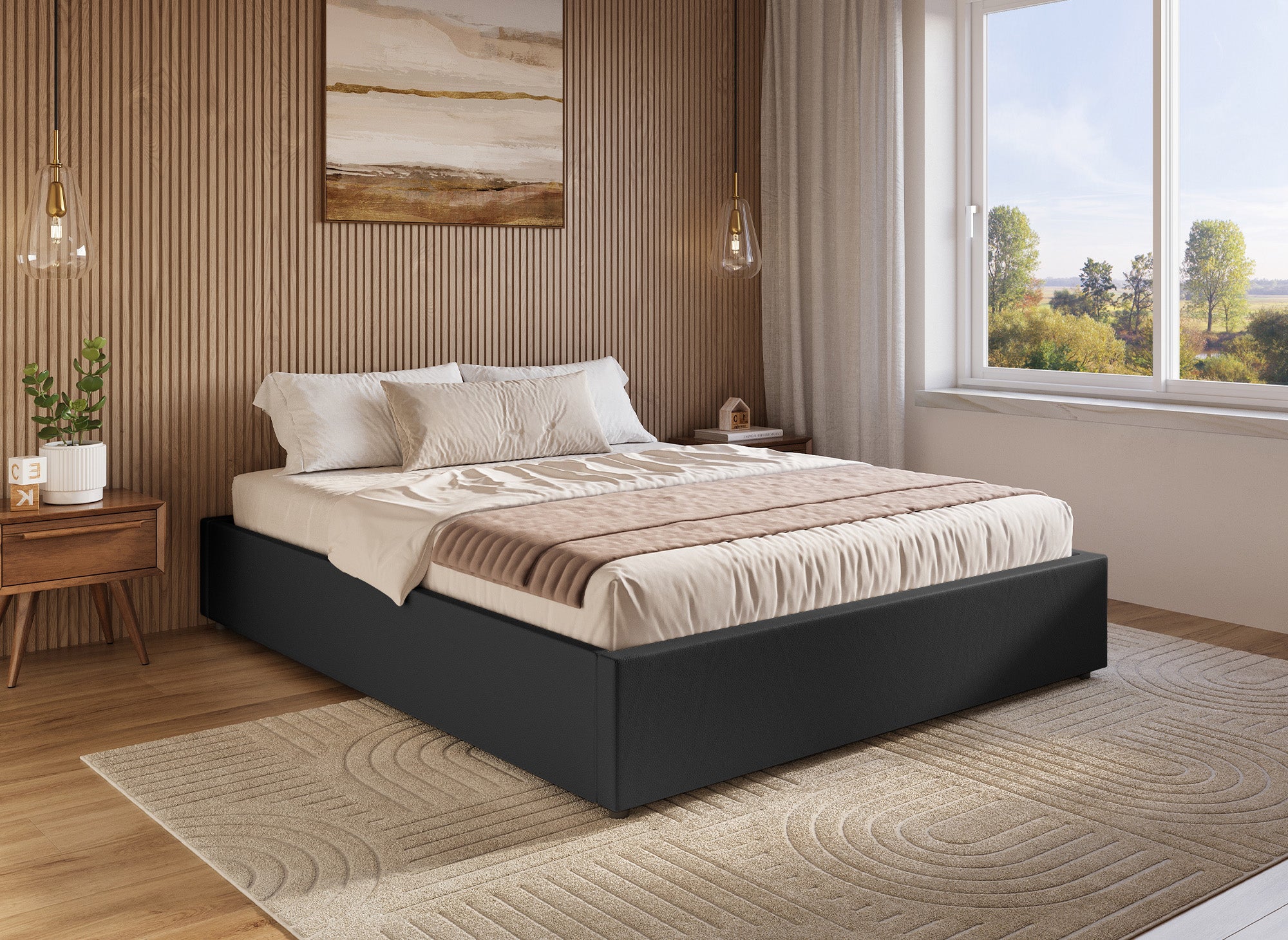 Lit sommier relevable avec coffre en simili cuir noir 140x190 cm LIZBAN