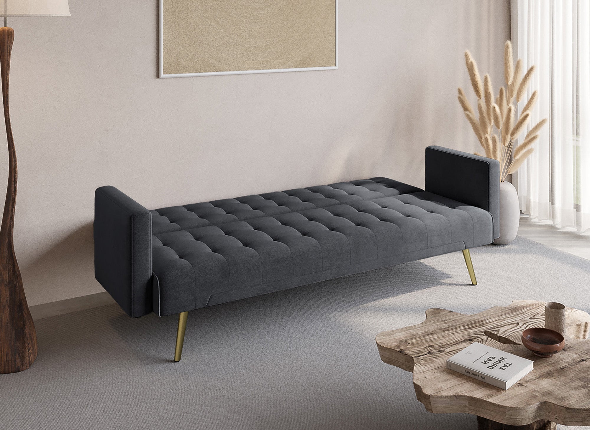Divano clic clac in velluto grigio scuro con gambe in metallo dorato CHICAGO