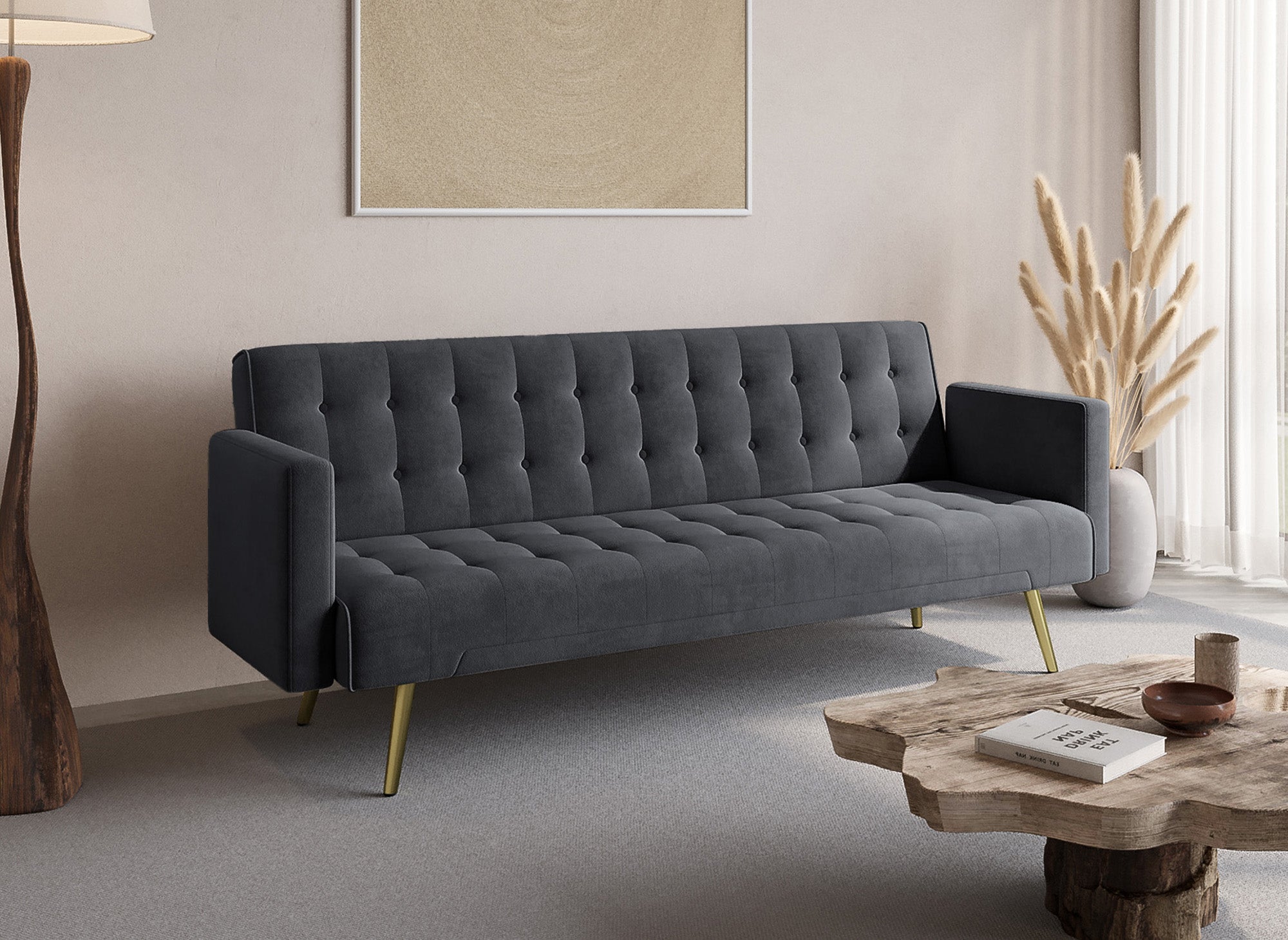 Divano clic clac in velluto grigio scuro con gambe in metallo dorato CHICAGO