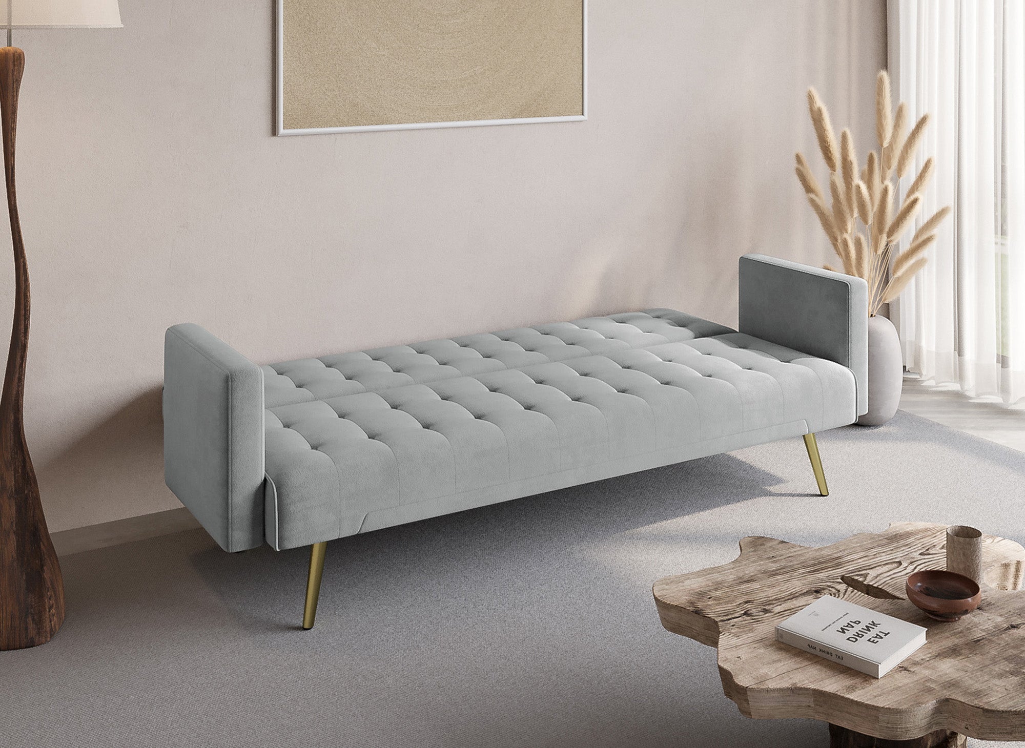 Divano letto in velluto grigio con gambe in metallo dorato CHICAGO