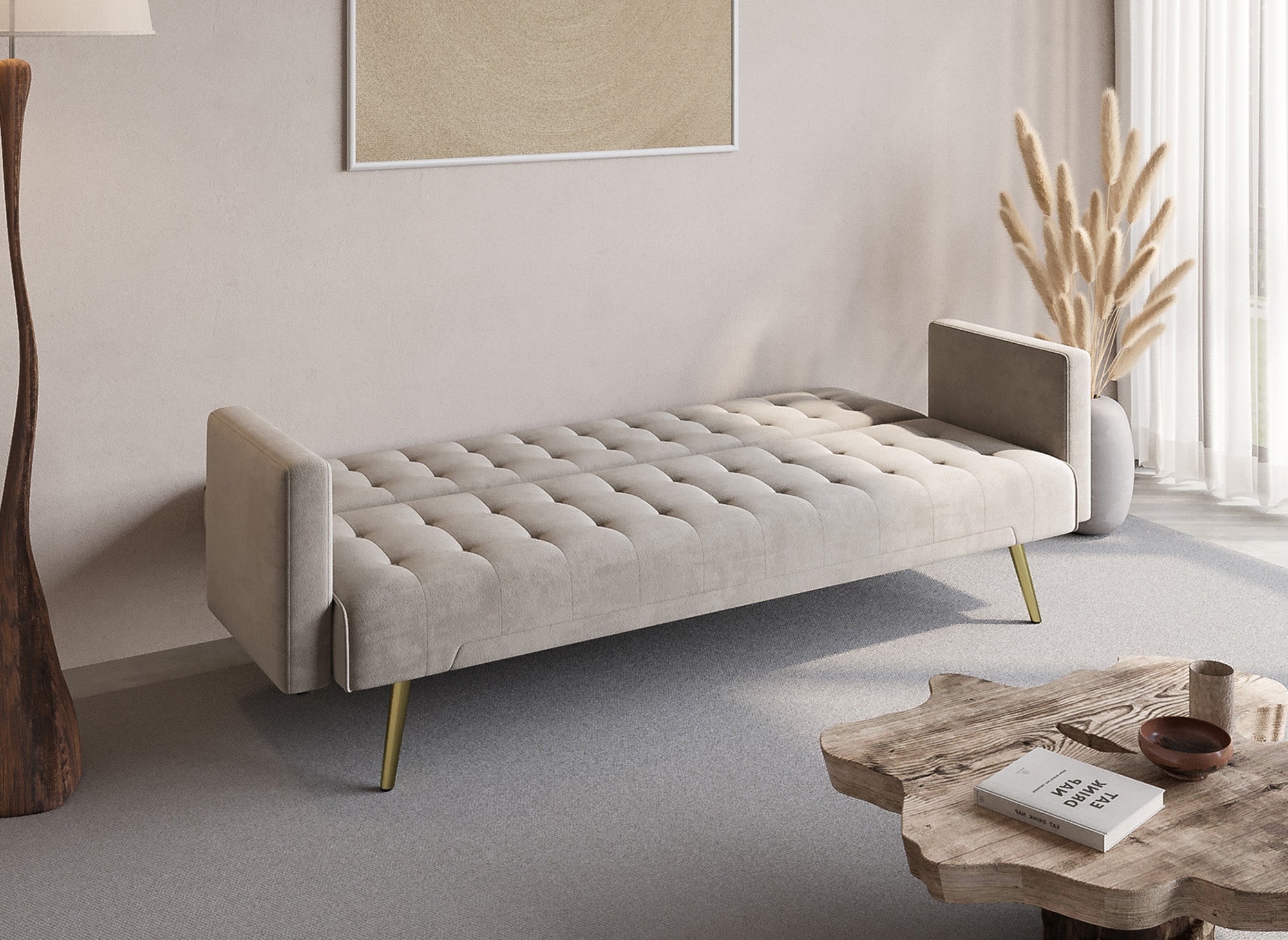 Divano Click Clac in velluto beige con gambe in metallo dorato CHICAGO