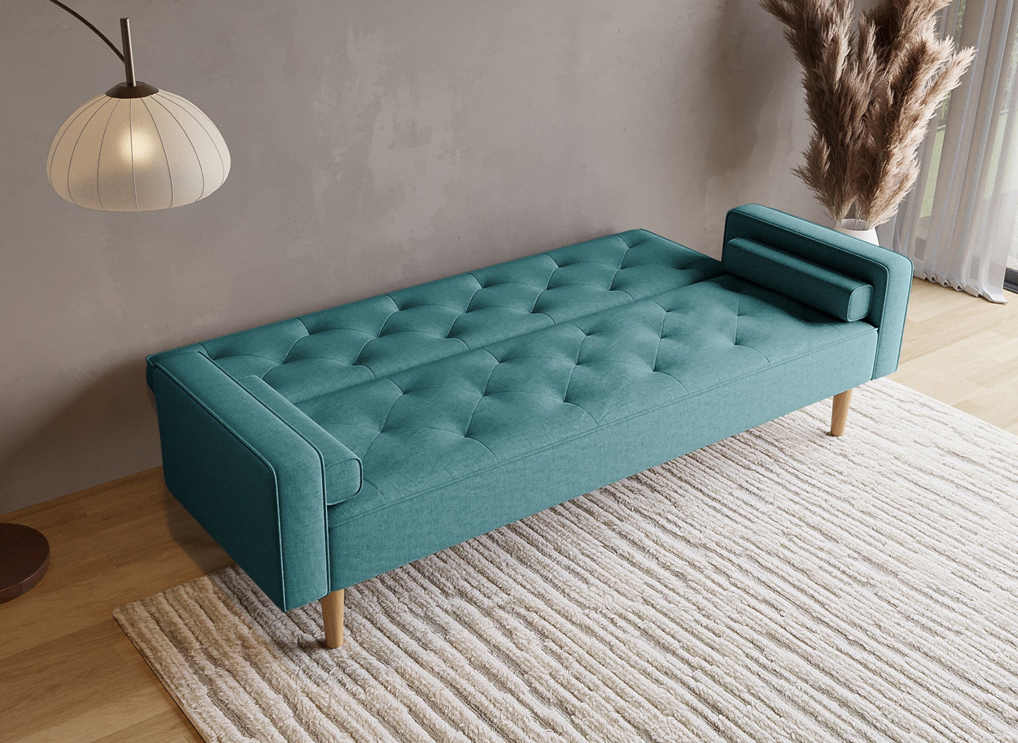 Divano clic clac in tessuto blu con gambe in legno JAKARTA