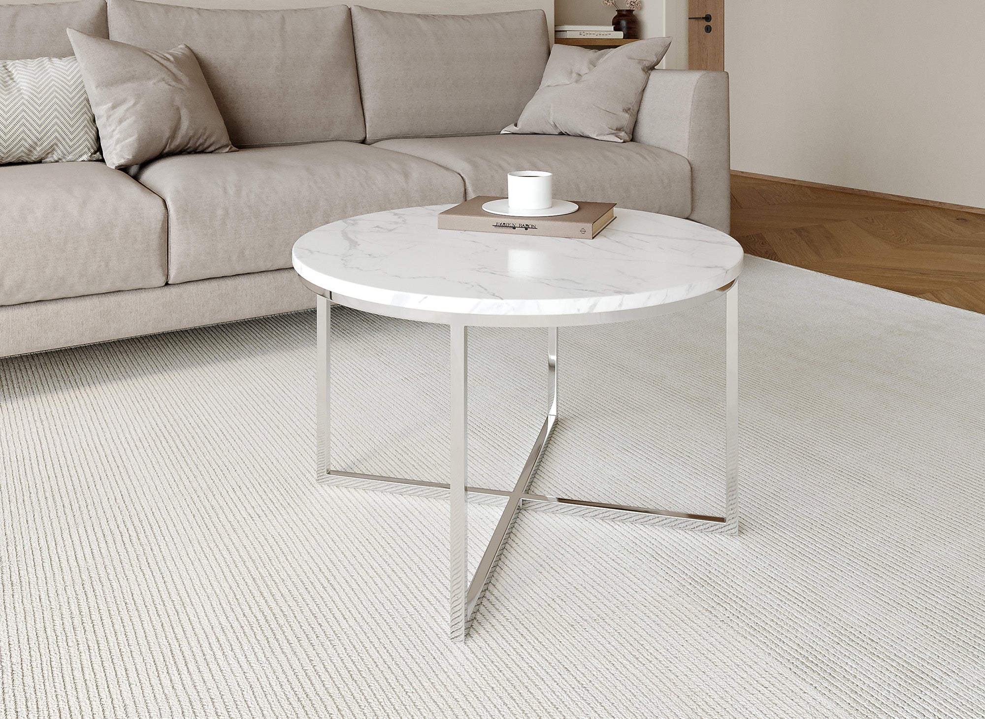 Table basse ronde effet marbre avec pieds chromés ROYCE