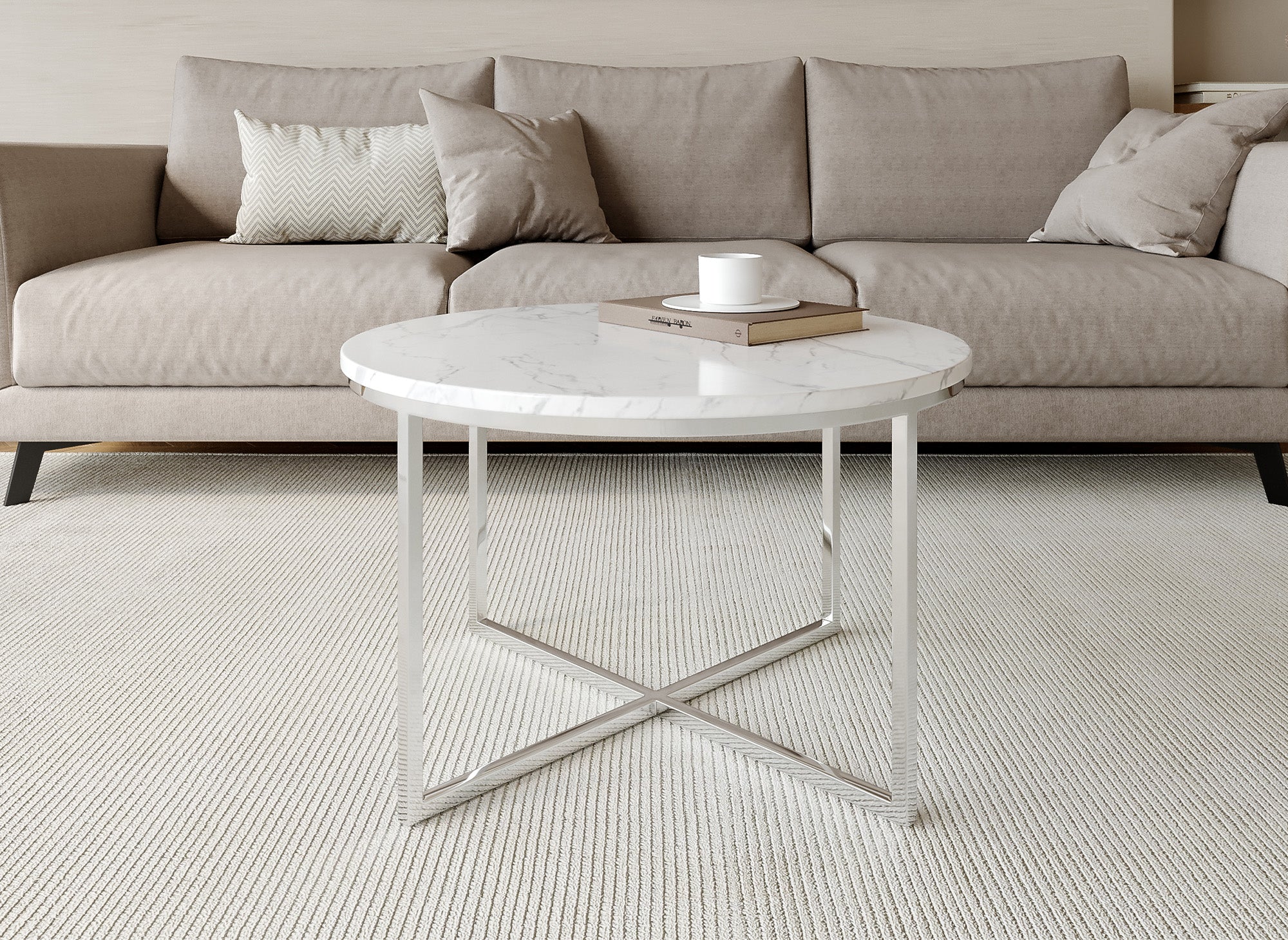 Table basse ronde effet marbre avec pieds chromés ROYCE