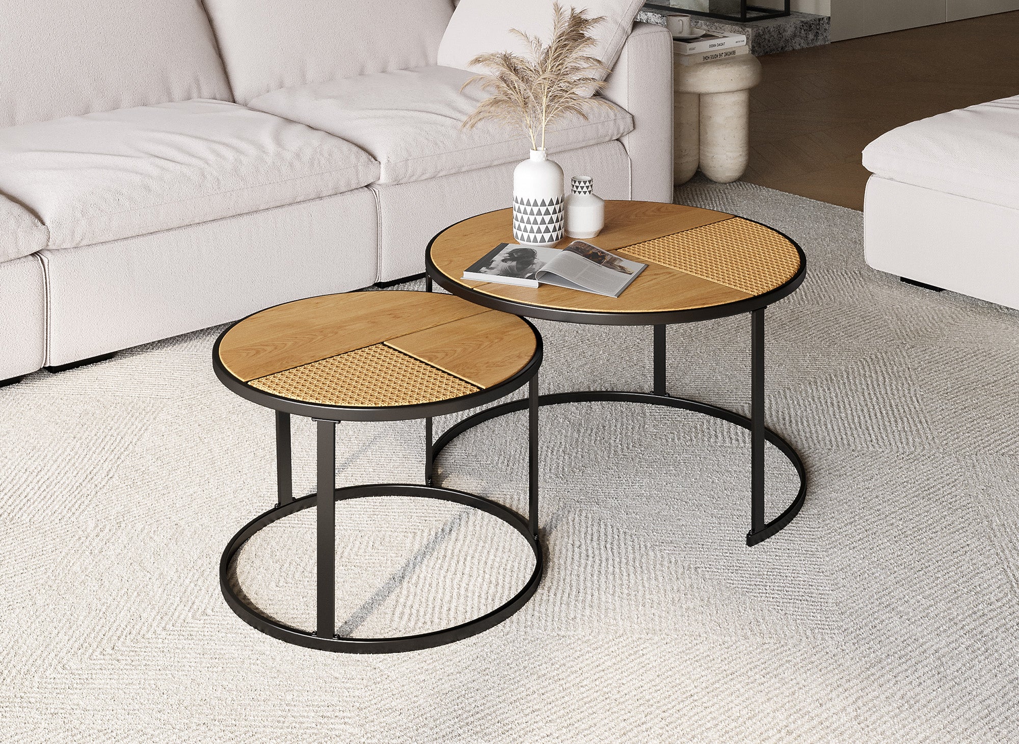 Lot de 2 tables basses gigognes rondes effet rotin JOTA