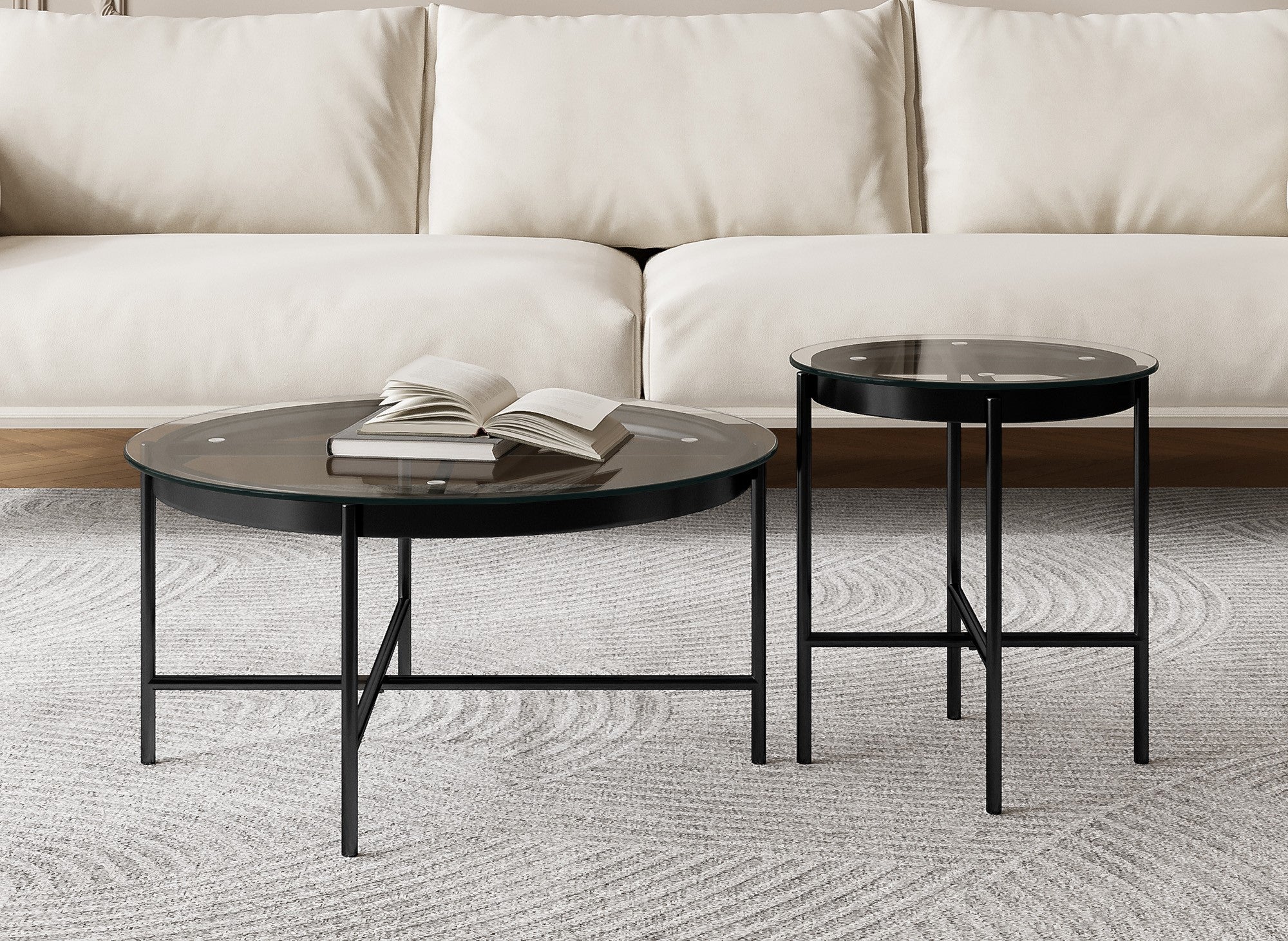 Lot de 2 tables rondes basses en verre et métal MARZIO