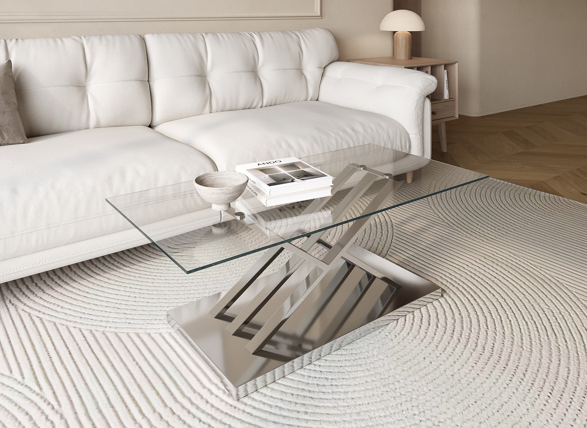 Table basse rectangulaire design avec pieds géométrique argentés NELLA