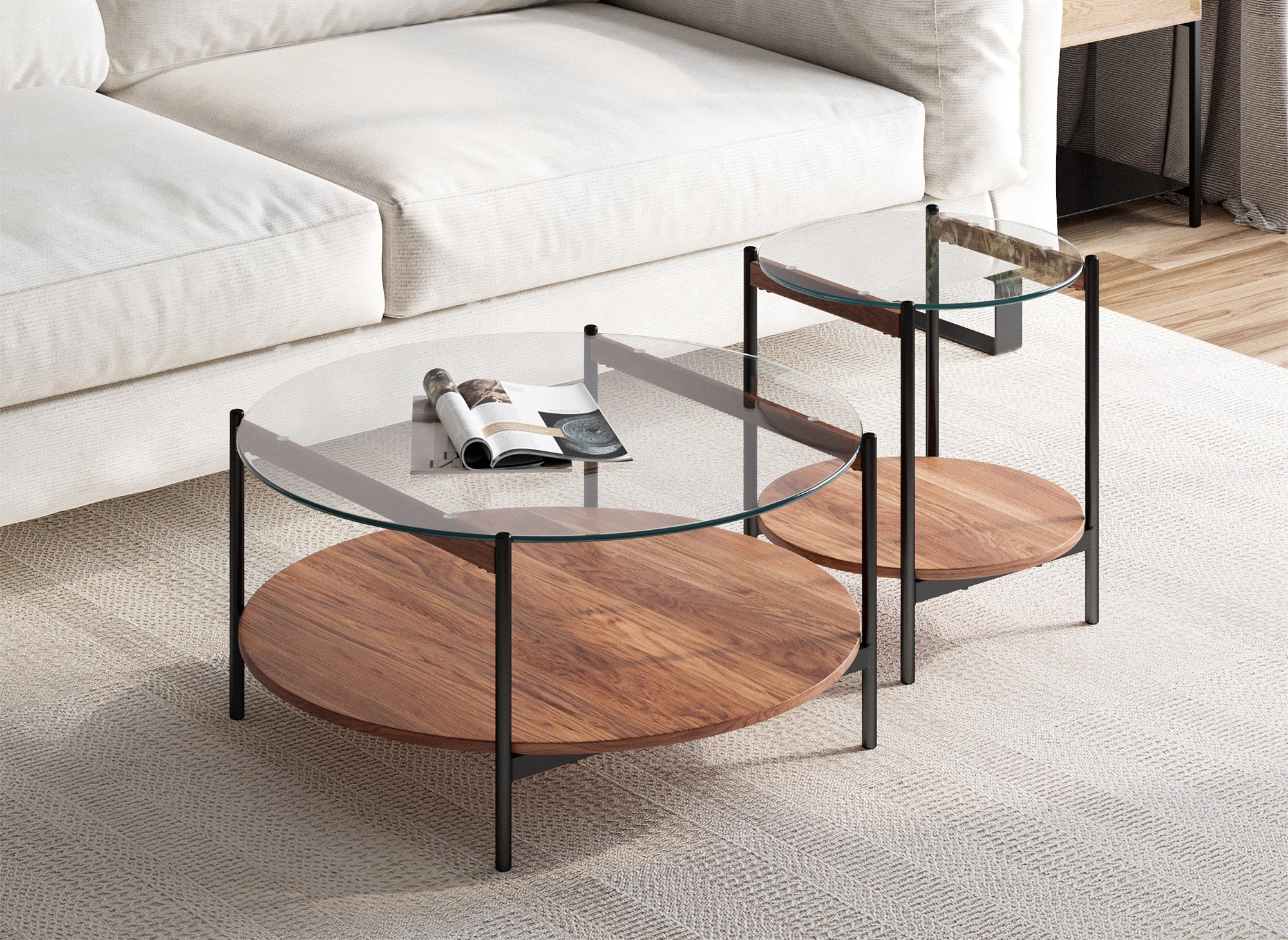 Lot de 2 tables basses rondes en verre bois et métal RIZZO