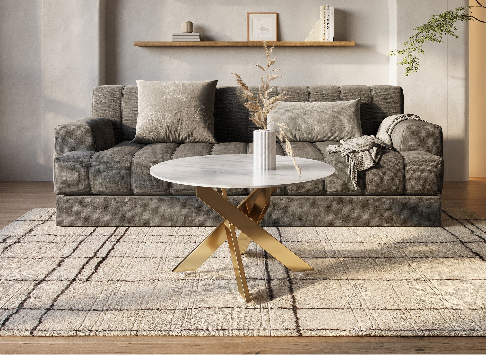 Table basse ronde design verre marbré et pieds dorés MELISSA