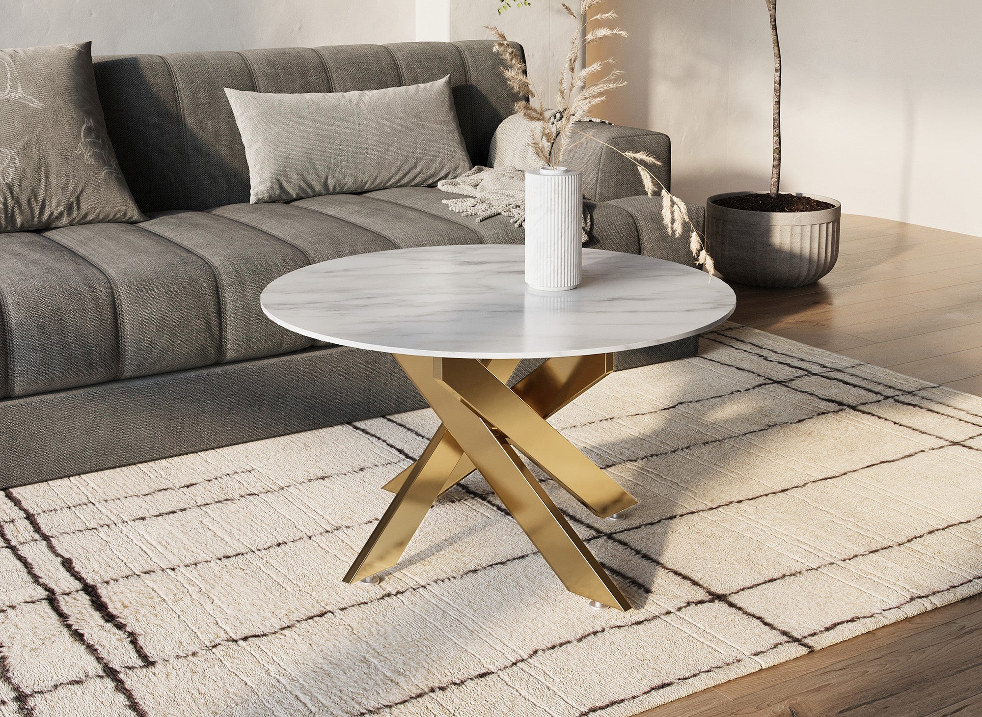 Table basse ronde design verre marbré et pieds dorés MELISSA