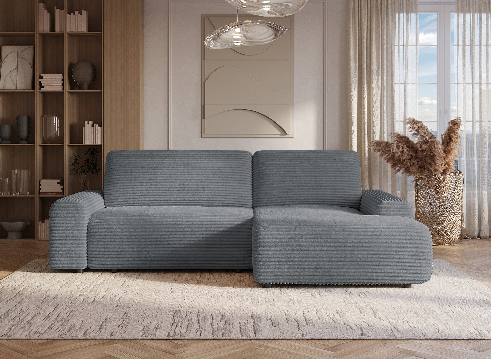 Divano ad angolo destro trasformabile con cassapanca in spesso velluto a coste grigio scuro BALI - Angolo retto