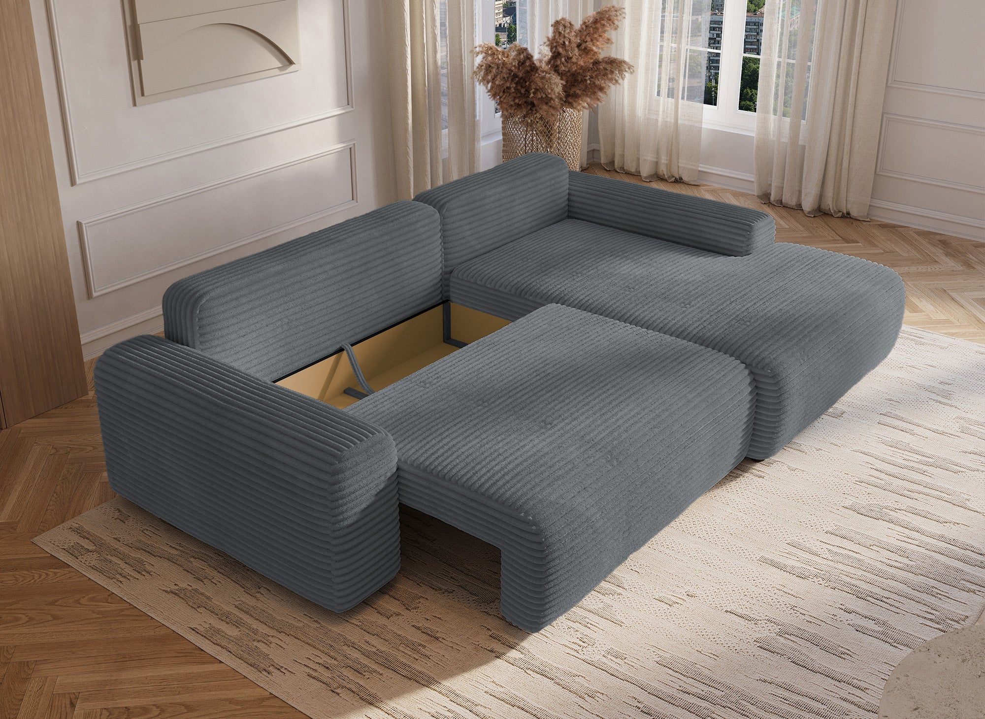 Divano ad angolo destro trasformabile con cassapanca in spesso velluto a coste grigio scuro BALI - Angolo retto