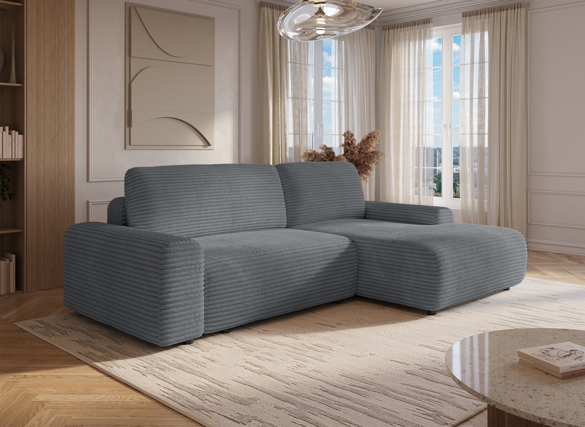 Divano ad angolo destro trasformabile con cassapanca in spesso velluto a coste grigio scuro BALI - Angolo retto