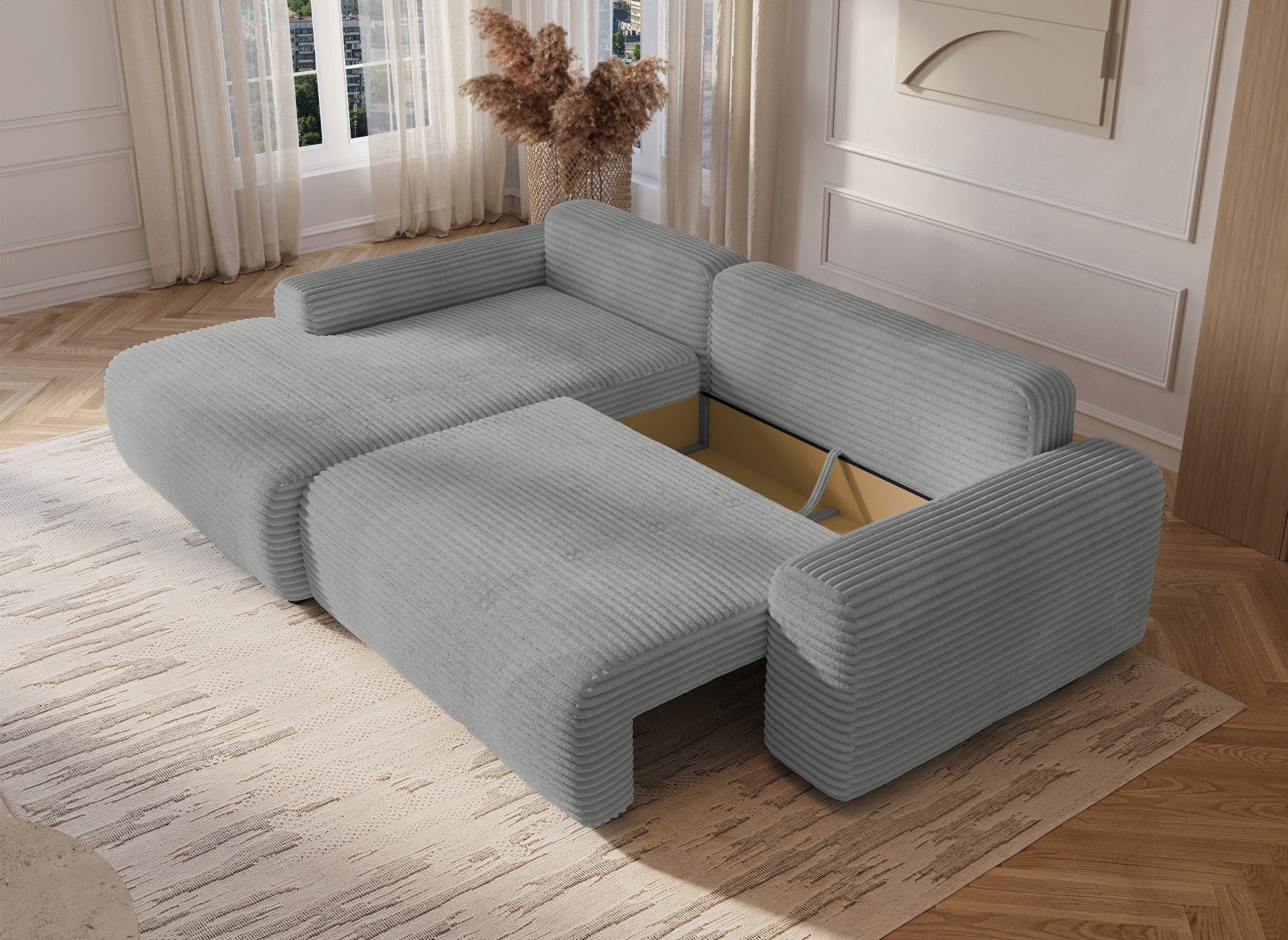 Canapé d'angle gauche convertible avec coffre en velours côtelé épais gris clair BALI - Angle gauche