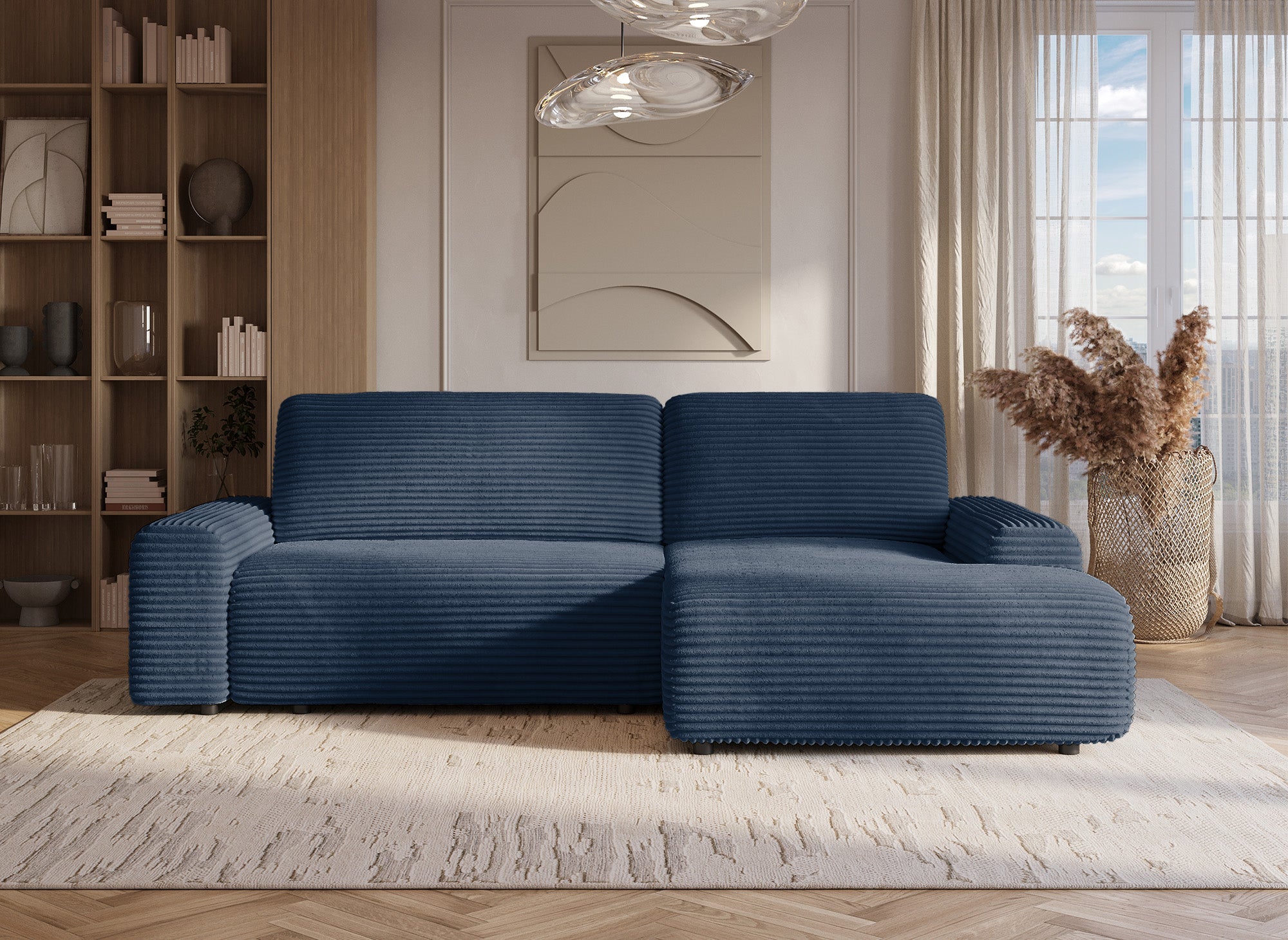 Canapé d'angle droit convertible avec coffre en velours côtelé épais bleu foncé BALI - Angle droit