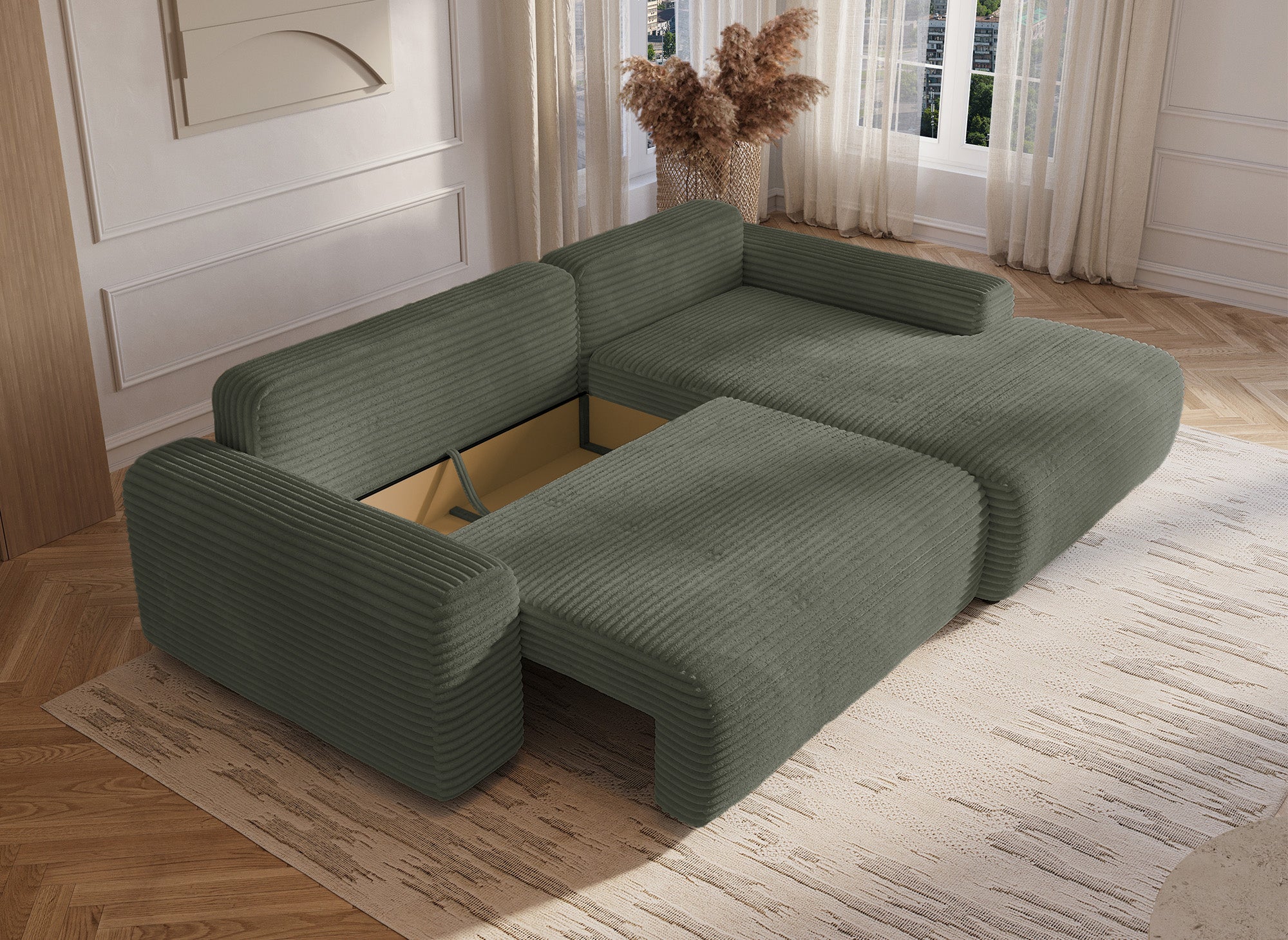 Canapé d'angle droit convertible avec coffre en velours côtelé épais vert kaki BALI - Angle droit