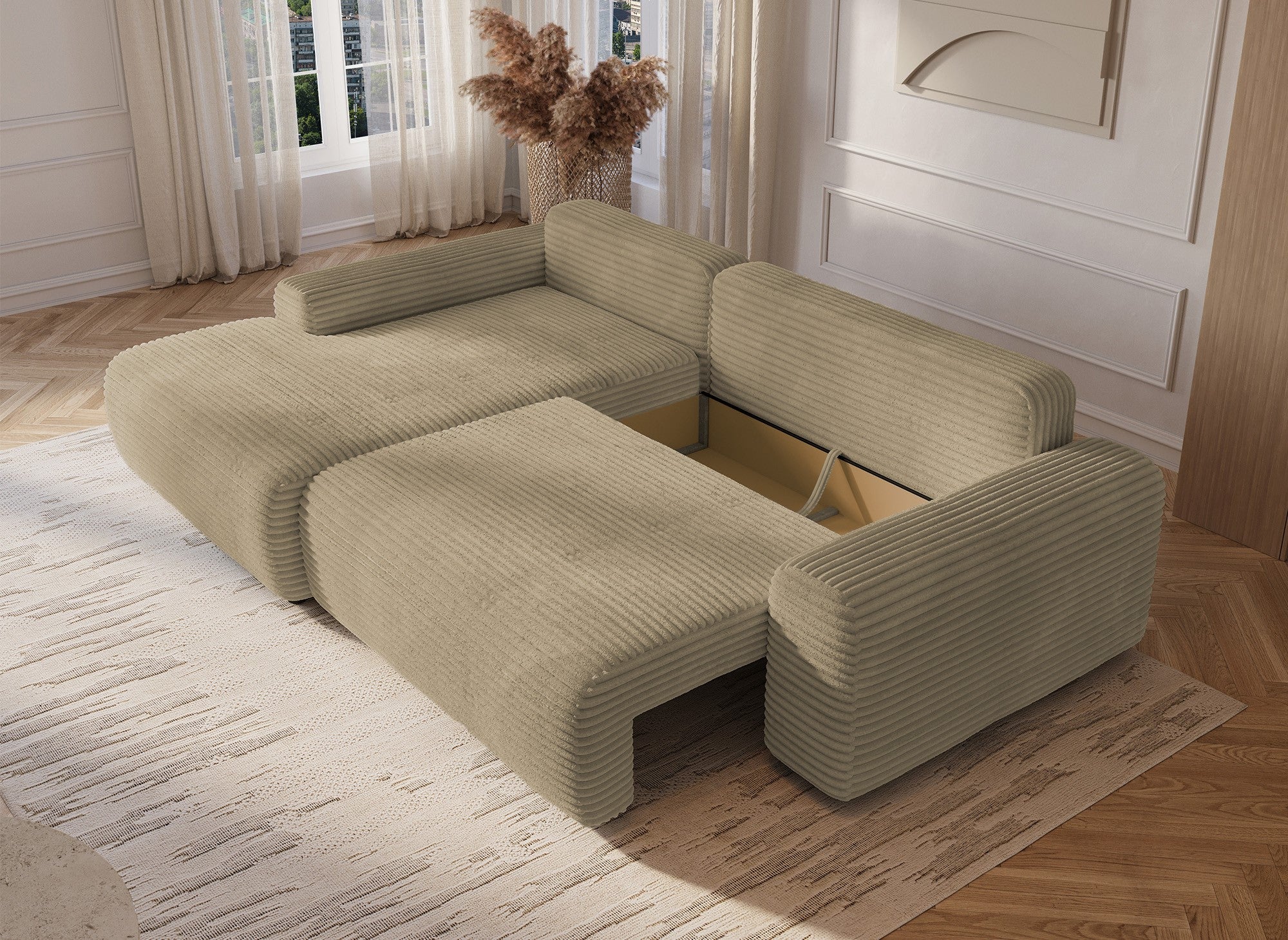 Divano angolare sinistro trasformabile con box in velluto a coste spesso color tortora BALI - Angolo sinistro