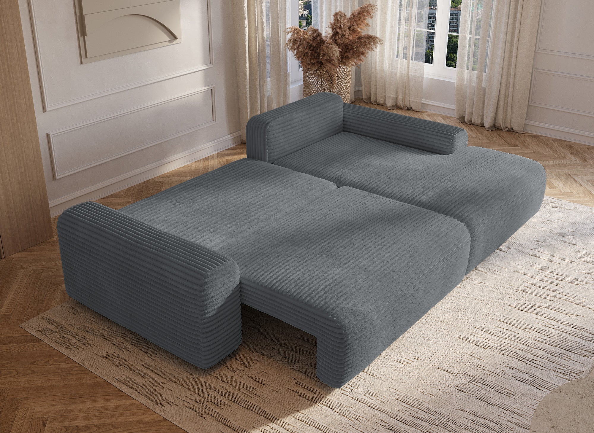 Divano ad angolo destro trasformabile con cassapanca in spesso velluto a coste grigio scuro BALI - Angolo retto