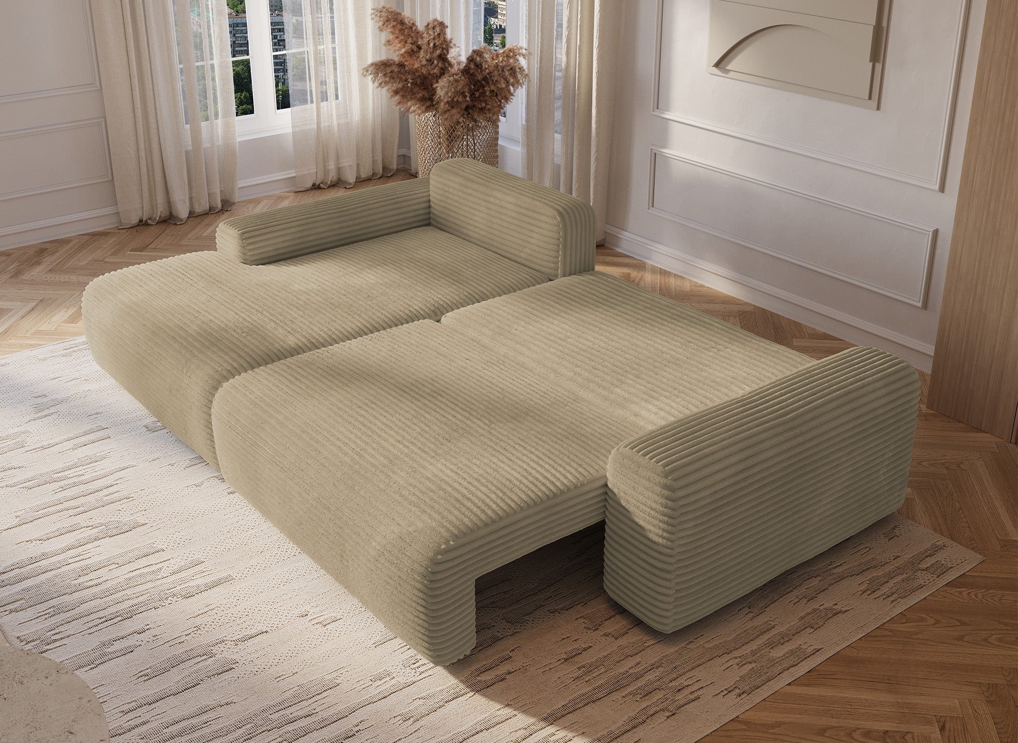 Divano angolare sinistro trasformabile con box in velluto a coste spesso color tortora BALI - Angolo sinistro