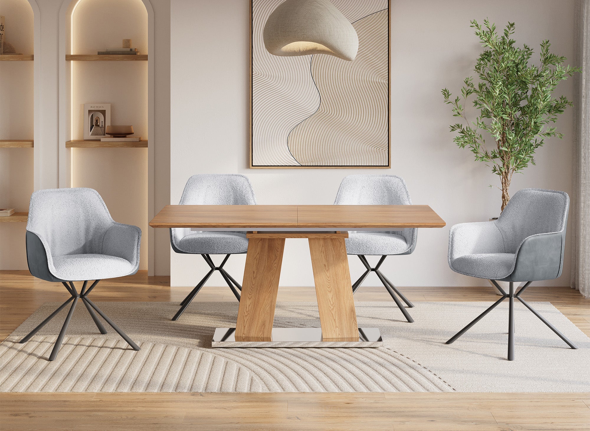 Lot de 2 chaises avec accoudoir tissu bouclette et simili cuir gris PIRO