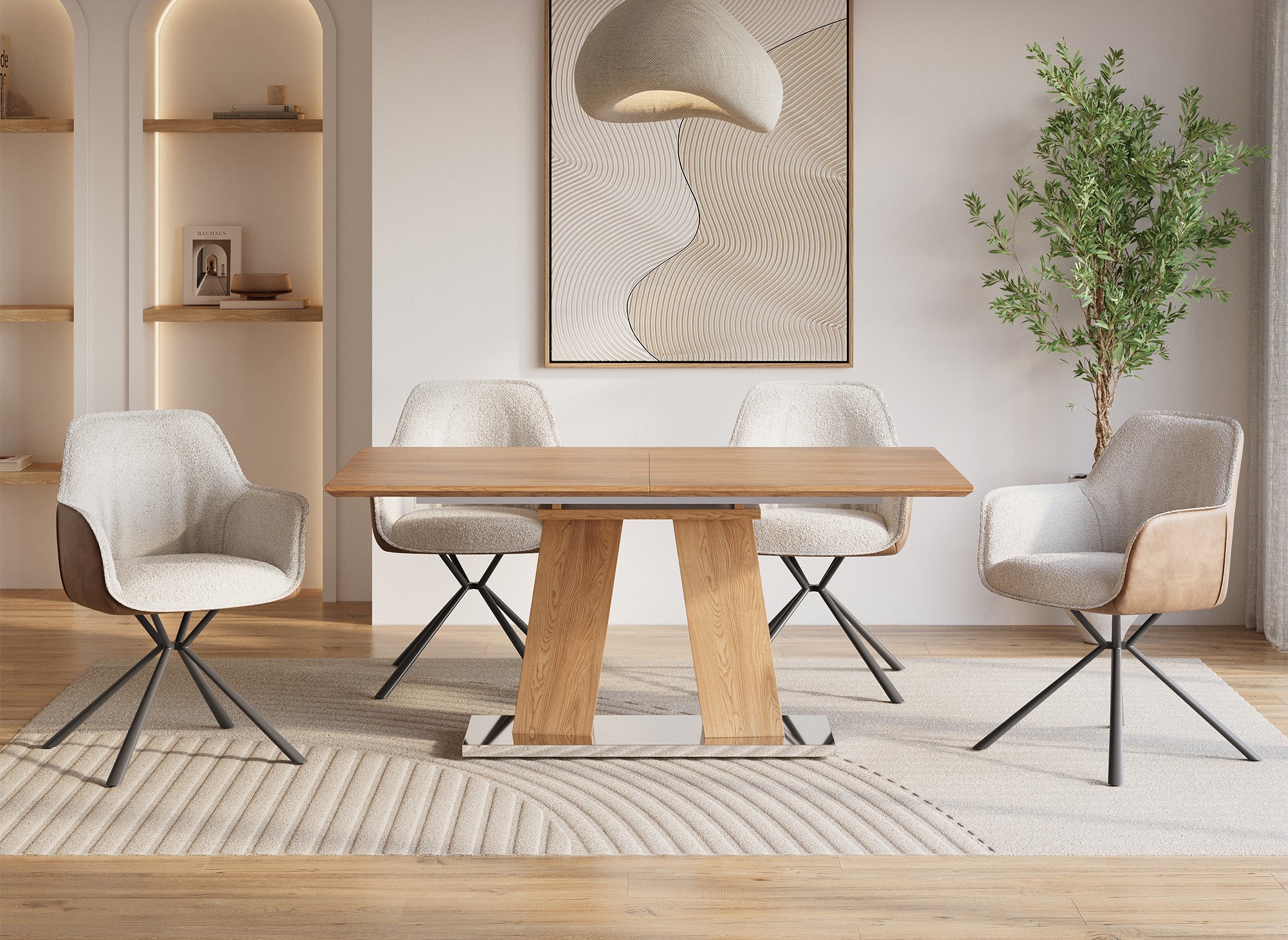 Lot de 2 chaises avec accoudoir en tissu bouclette beige et simili cuir marron PIRO