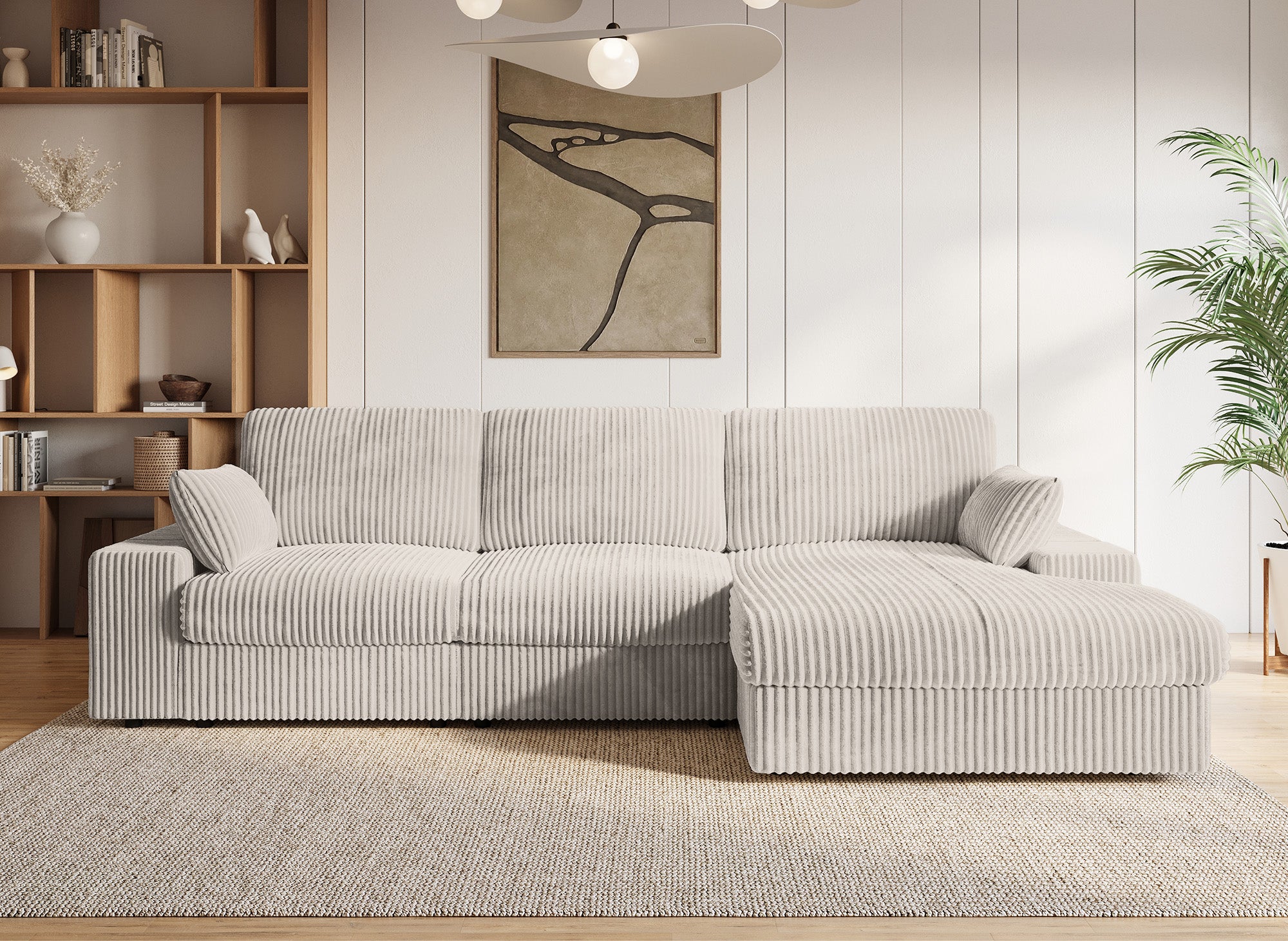 Canapé d'angle réversible en gros côtelé doux beige SIRINA