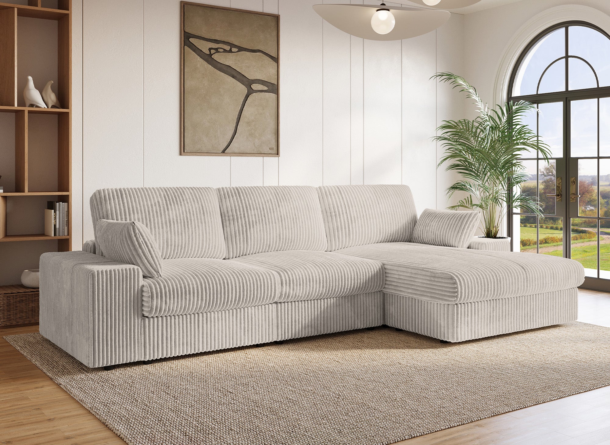 Canapé d'angle réversible en gros côtelé doux beige SIRINA