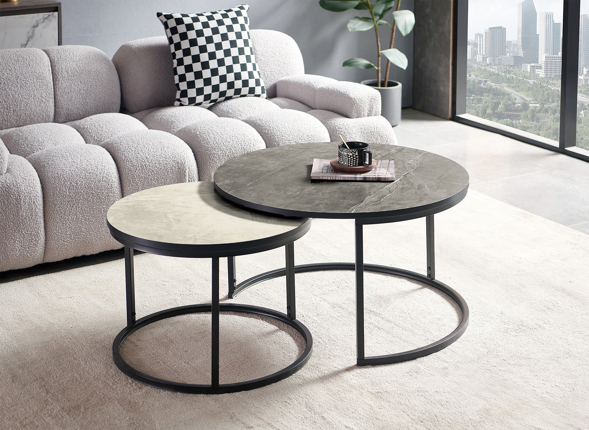 Lot de 2 tables basses rondes gigognes effet marbre DORINE