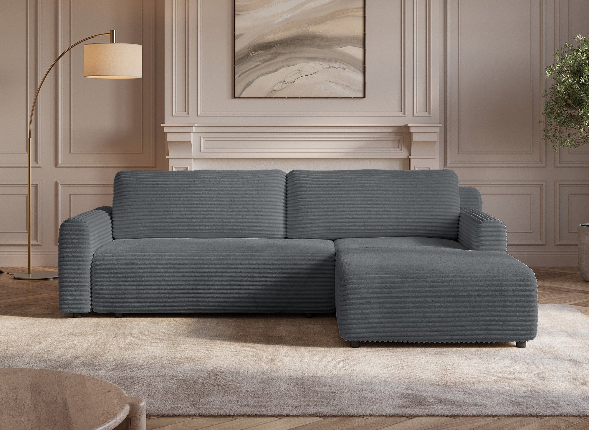 Canapé d'angle réversible et convertible avec coffre en velours côtelé épais gris foncé KATIA