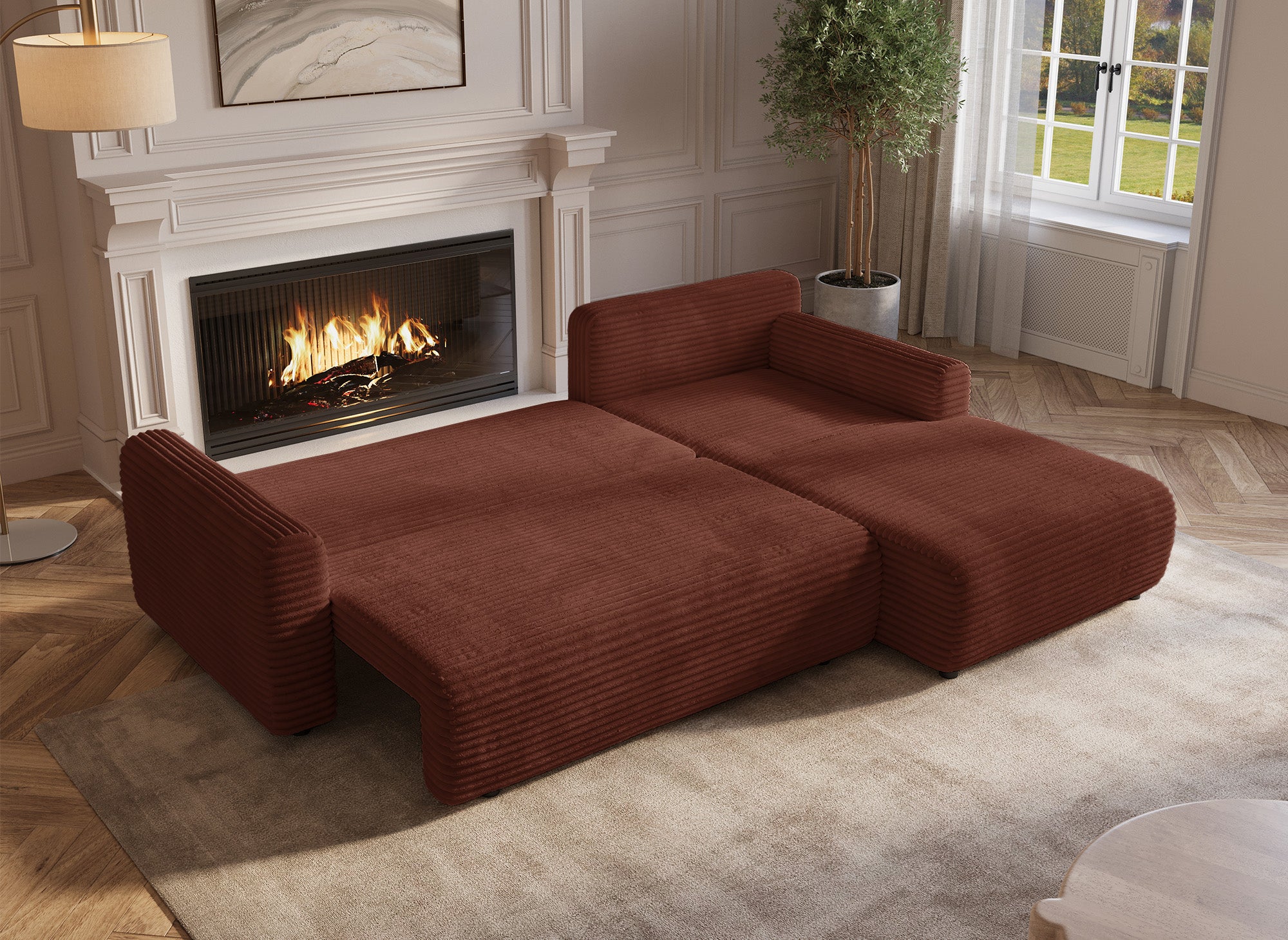 Canapé d'angle réversible et convertible avec coffre en velours côtelé épais terracotta KATIA