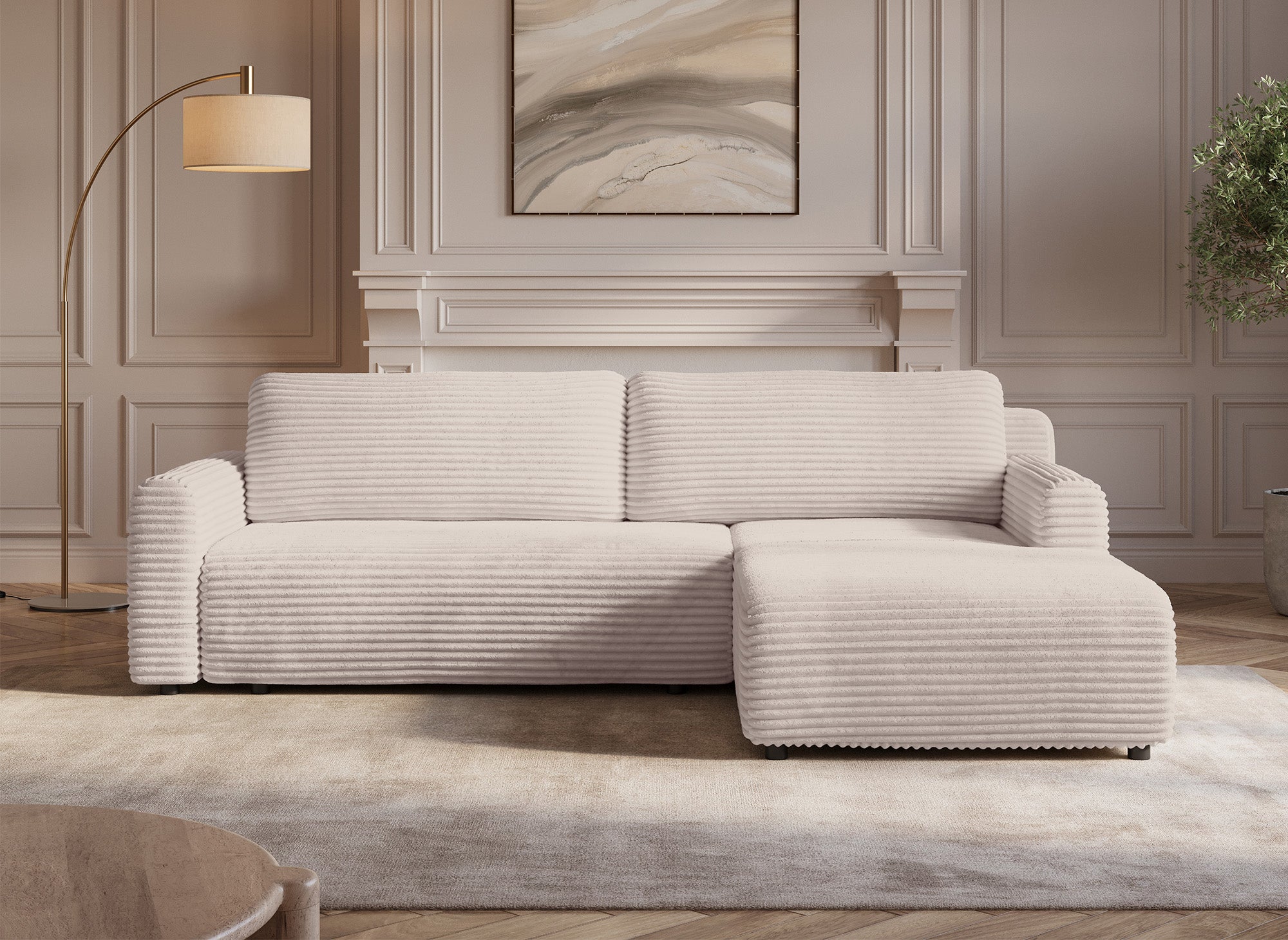 Canapé d'angle réversible et convertible avec coffre en velours côtelé épais beige KATIA