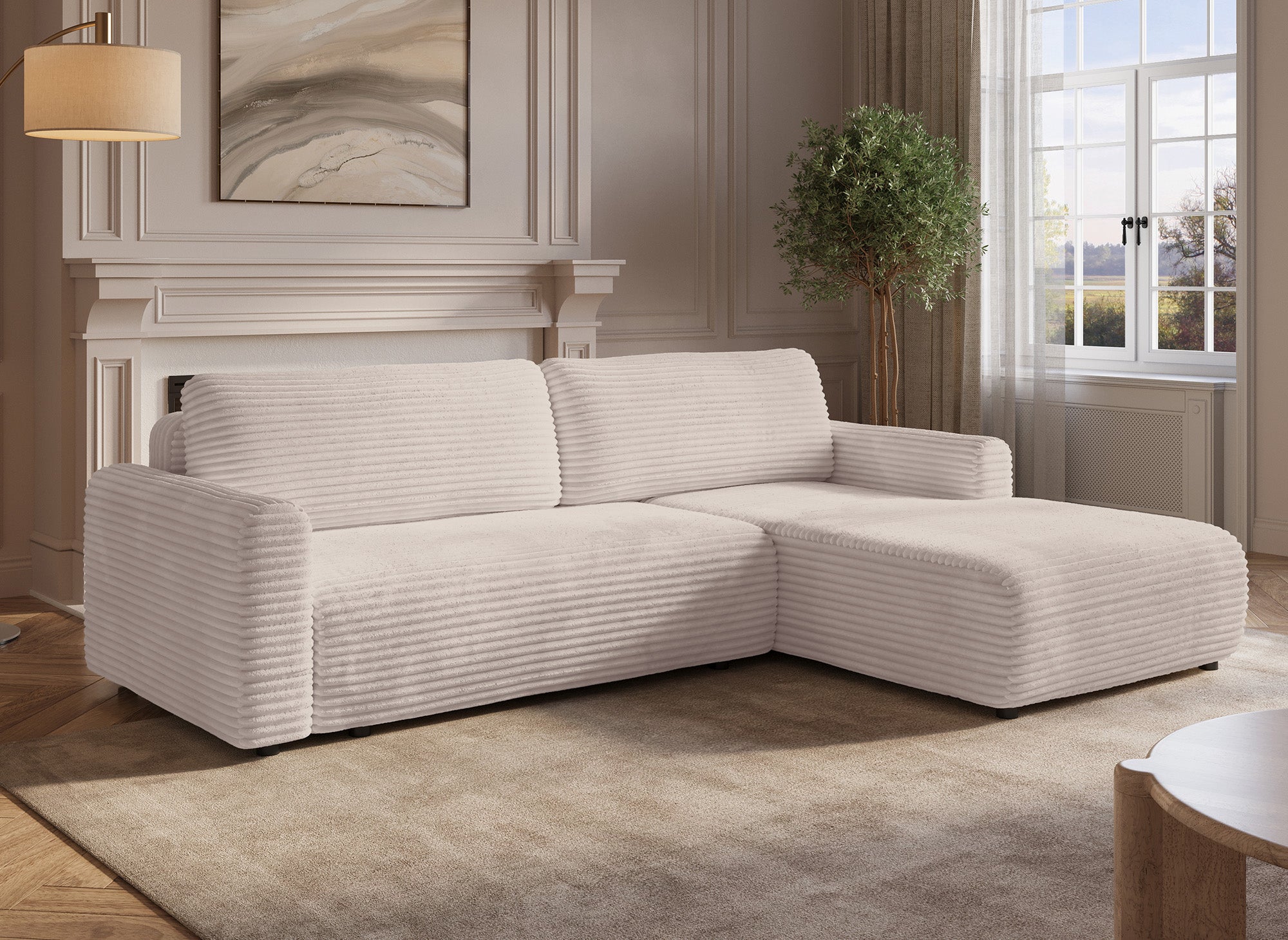 Canapé d'angle réversible et convertible avec coffre en velours côtelé épais beige KATIA