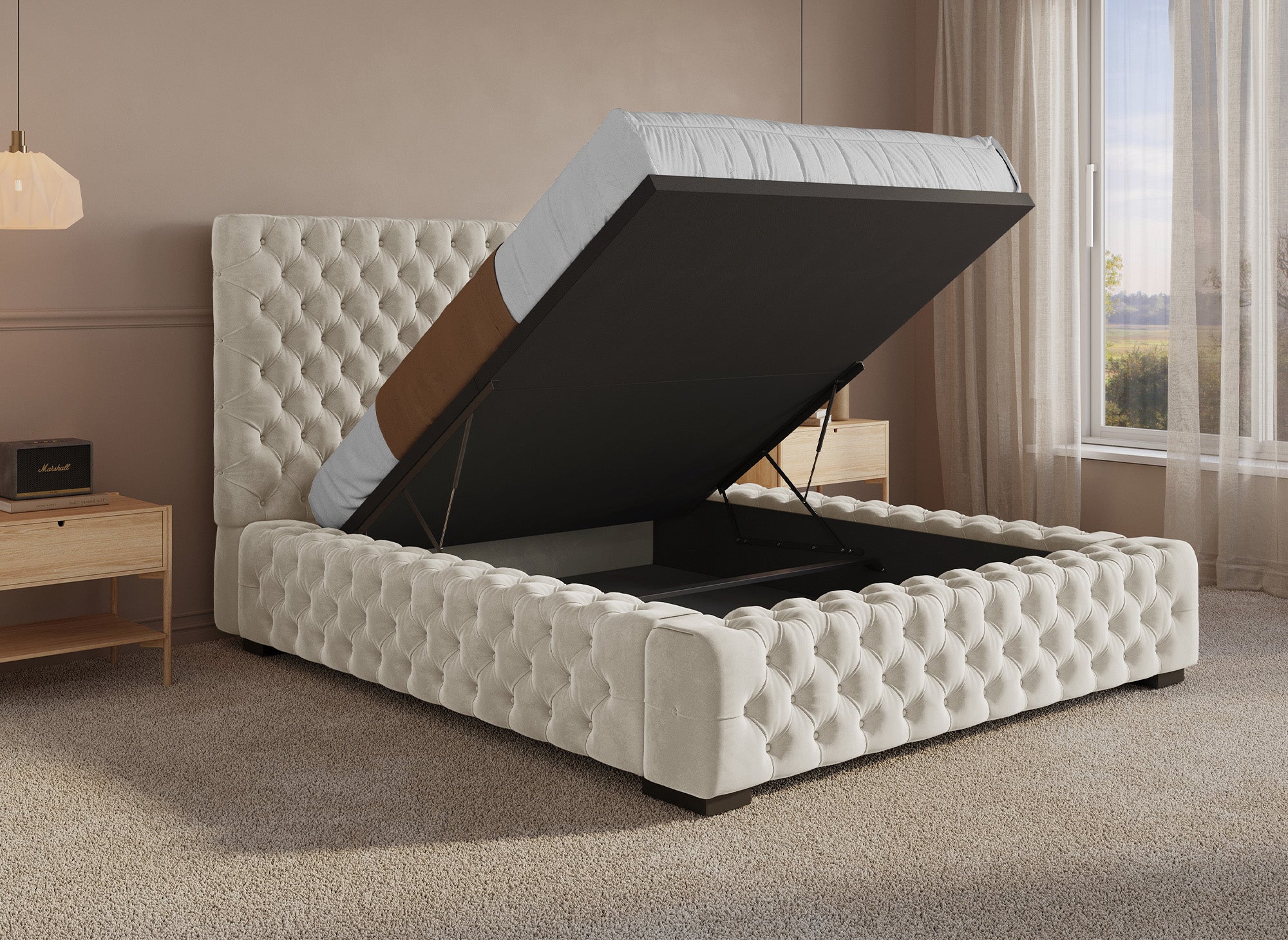 Letto contenitore imbottito in velluto beige IDALINE 140 x 190 cm