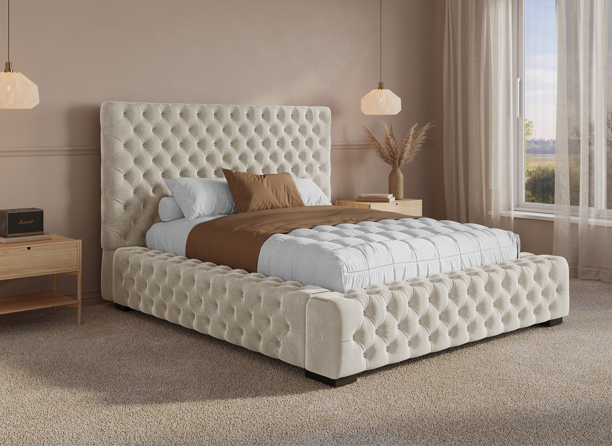 Letto contenitore imbottito in velluto beige IDALINE 140 x 190 cm