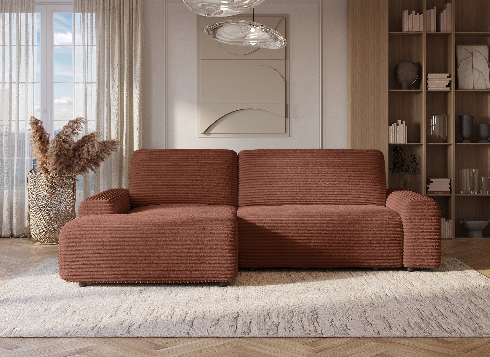 Canapé d'angle gauche convertible avec coffre en velours côtelé épais terracotta BALI - Angle gauche