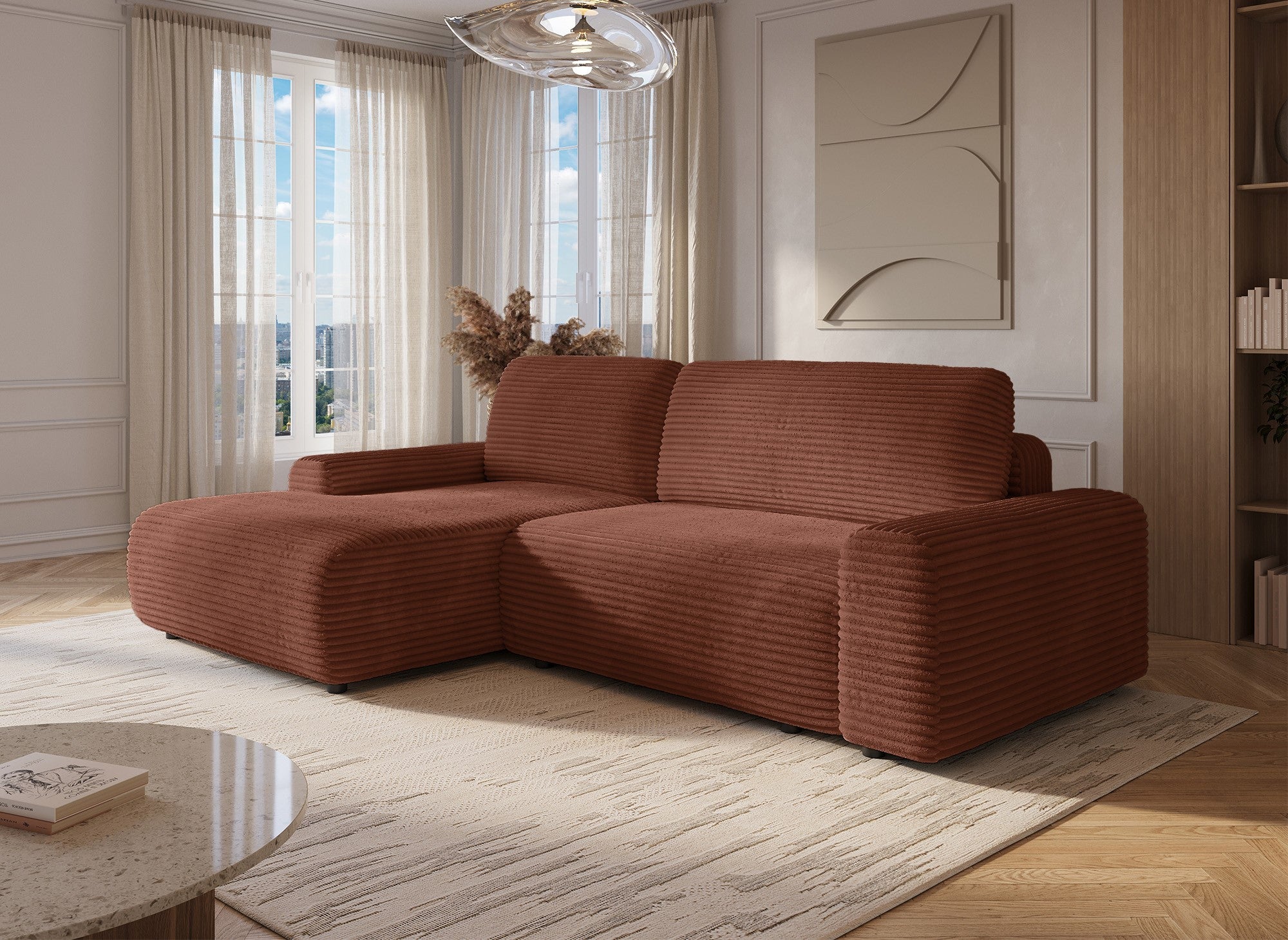 Canapé d'angle gauche convertible avec coffre en velours côtelé épais terracotta BALI - Angle gauche