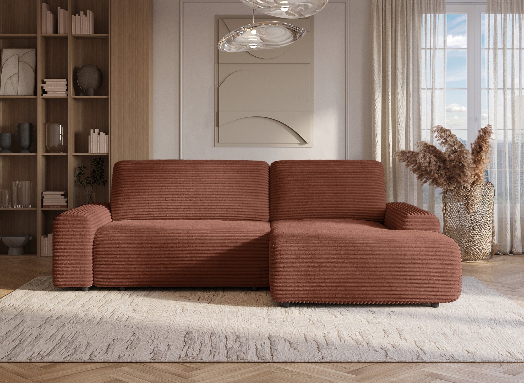 Canapé d'angle droit convertible avec coffre en velours côtelé épais terracotta BALI - Angle droit