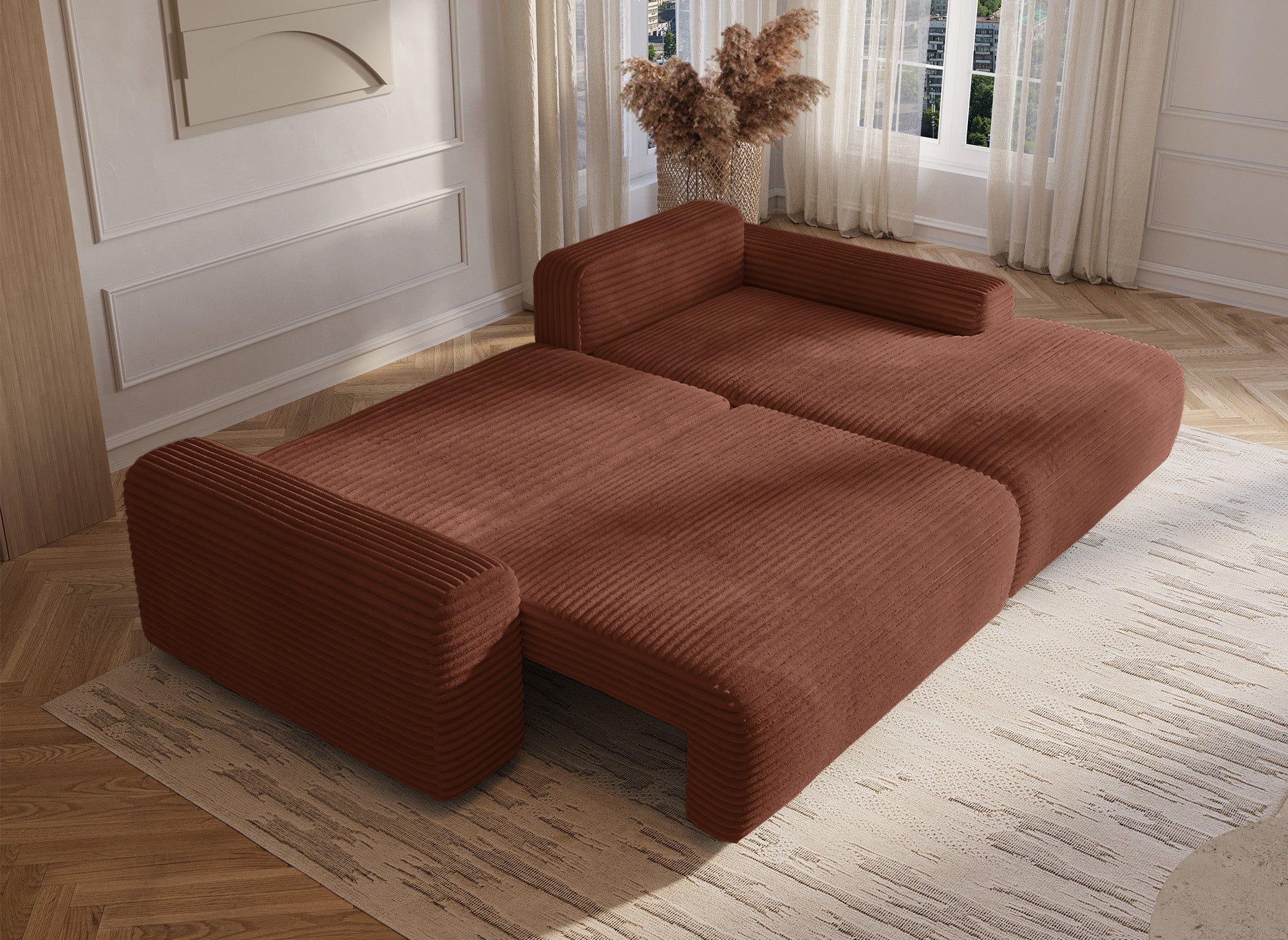 Canapé d'angle droit convertible avec coffre en velours côtelé épais terracotta BALI - Angle droit