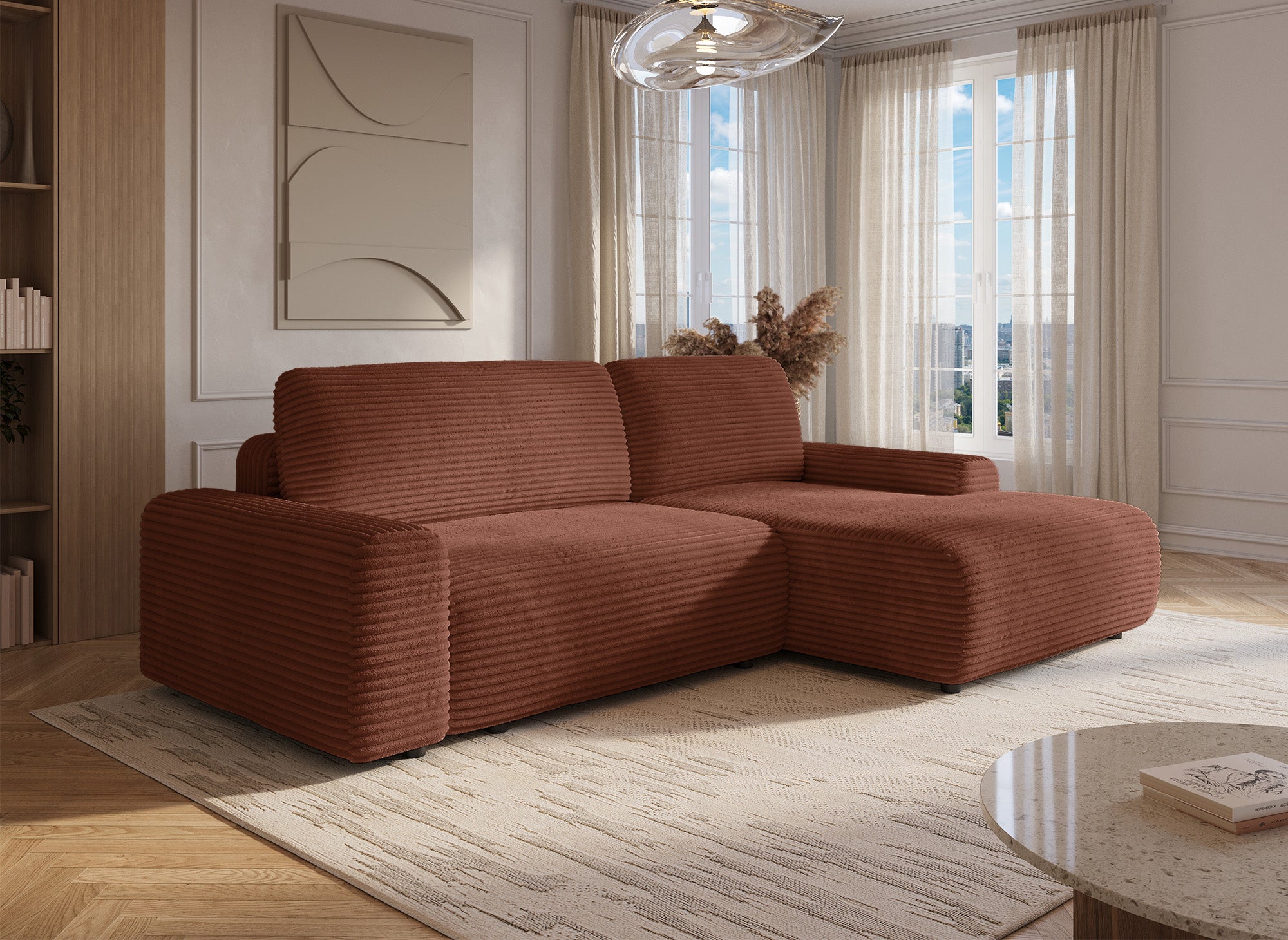 Canapé d'angle droit convertible avec coffre en velours côtelé épais terracotta BALI - Angle droit