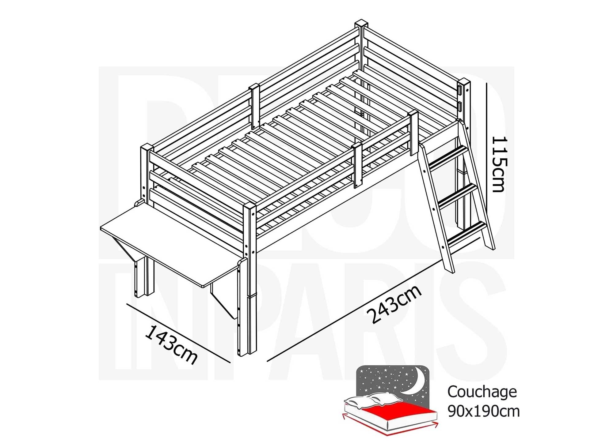 Lit mezzanine mi-hauteur 90 x 190 cm en bois et blanc ARMAND