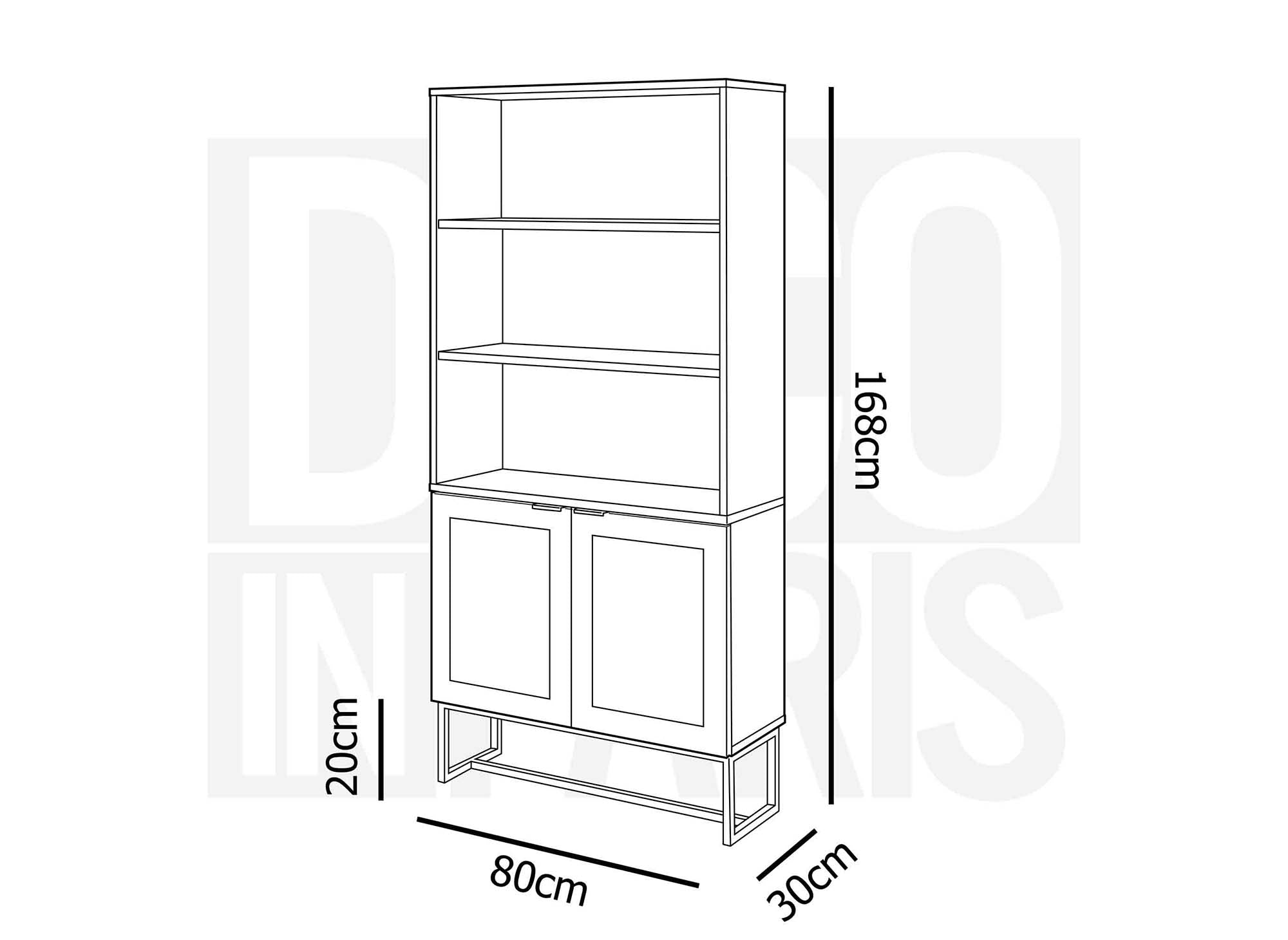 Bibliothèque scandinave 2 portes 2 étagères en bois métal et cannage TULLIO