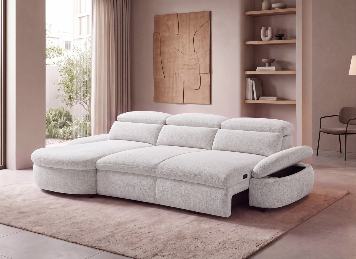 Divano angolare relax elettrico in tessuto spugna beige CLEMENT - Angolo sinistro