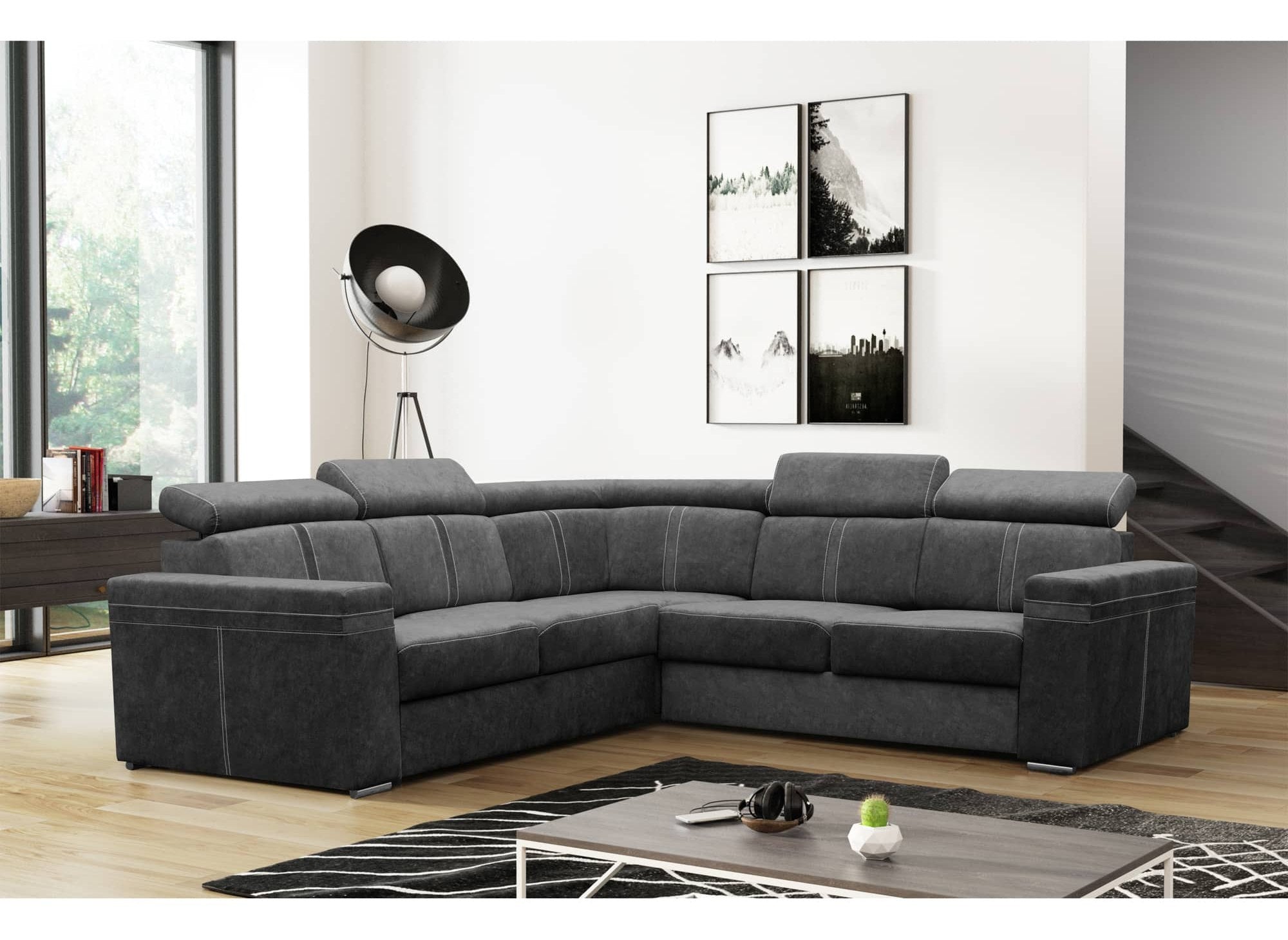 Canapé d'angle convertible et réversible en tissu gris foncé MERYL