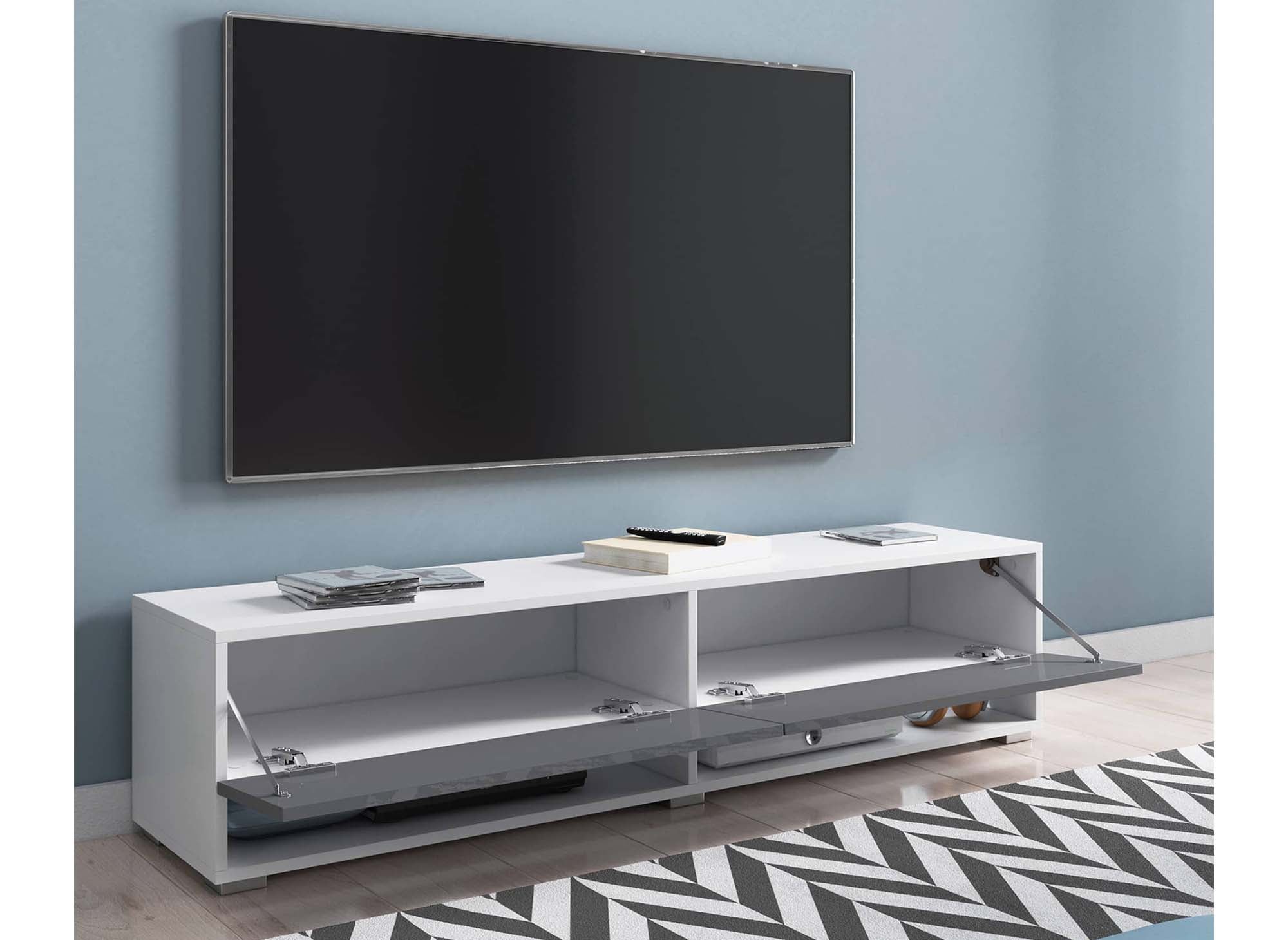 Meuble TV suspendu 2 portes 2 niches blanc et gris ROMANE XXL - 180 cm