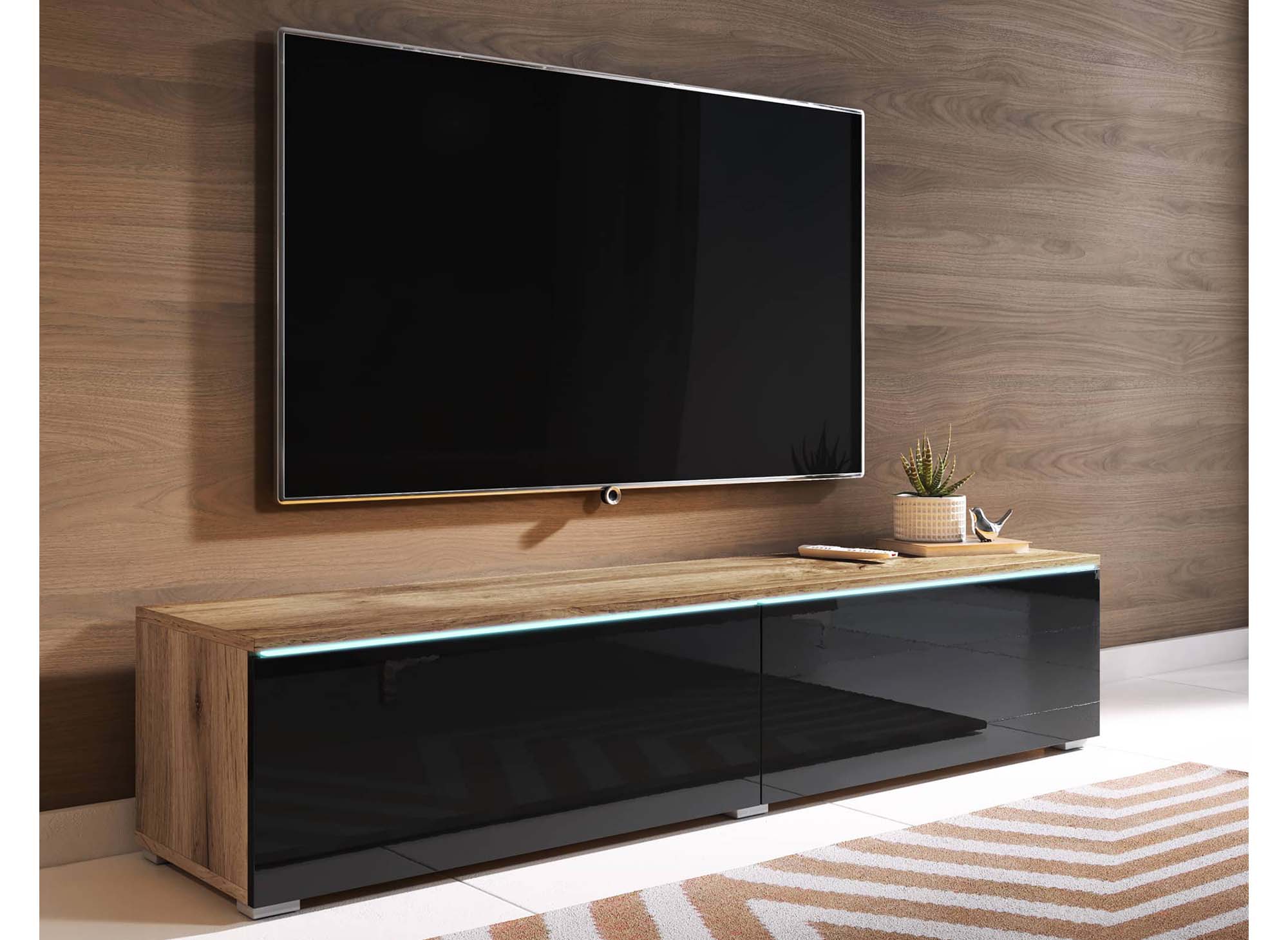 Meuble TV chêne vieilli et noir laqué avec LED 2 portes MALORIE- 140 cm