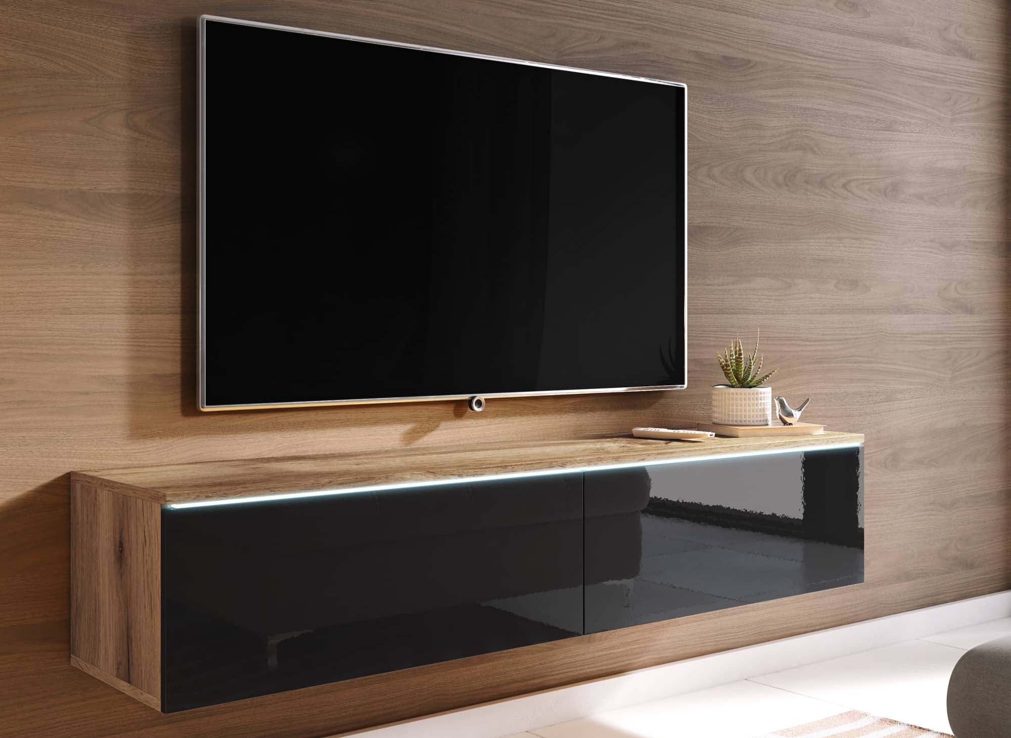Meuble TV chêne vieilli et noir laqué avec LED 2 portes MALORIE- 140 cm