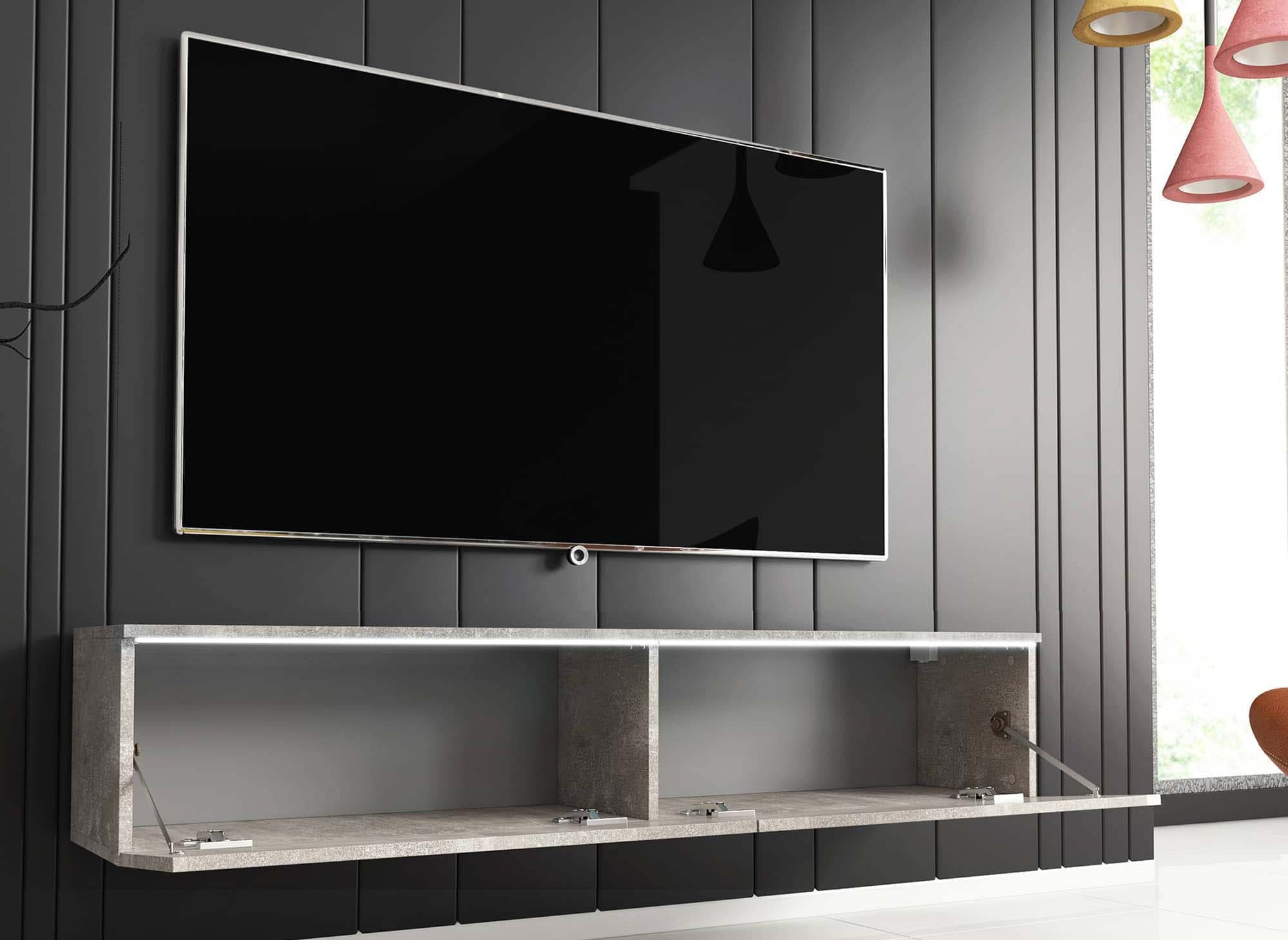 Meuble TV contemporain gris béton avec LED 2 portes MALORIE - 140 cm