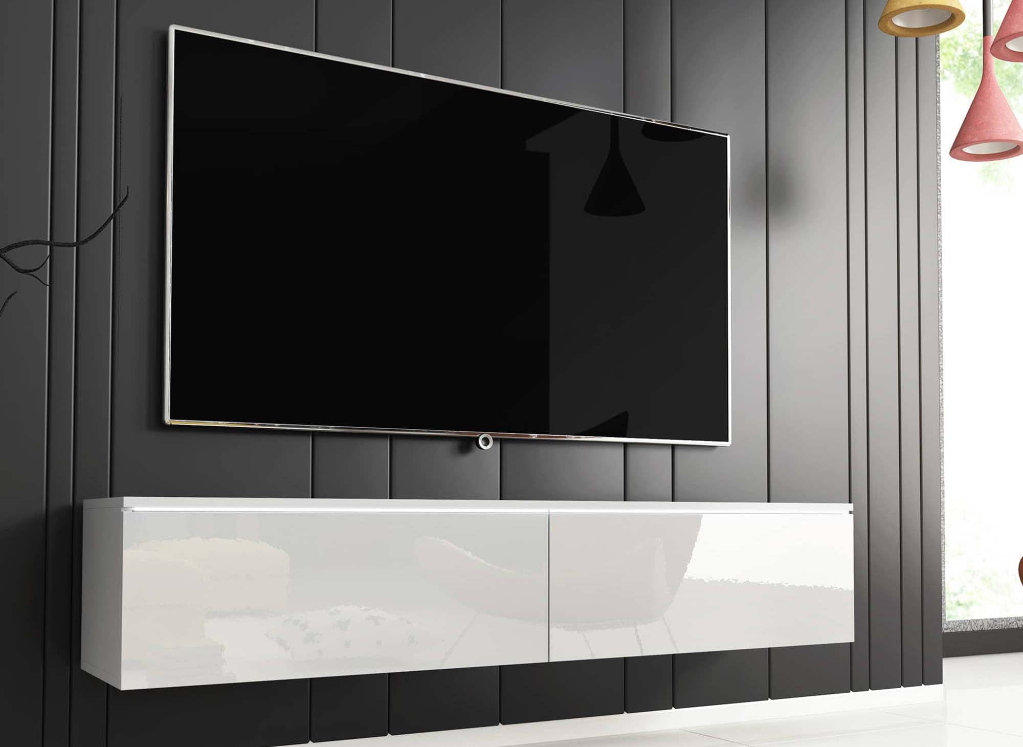 Meuble TV contemporain laqué blanc avec LED 2 portes MALORIE - 140 cm